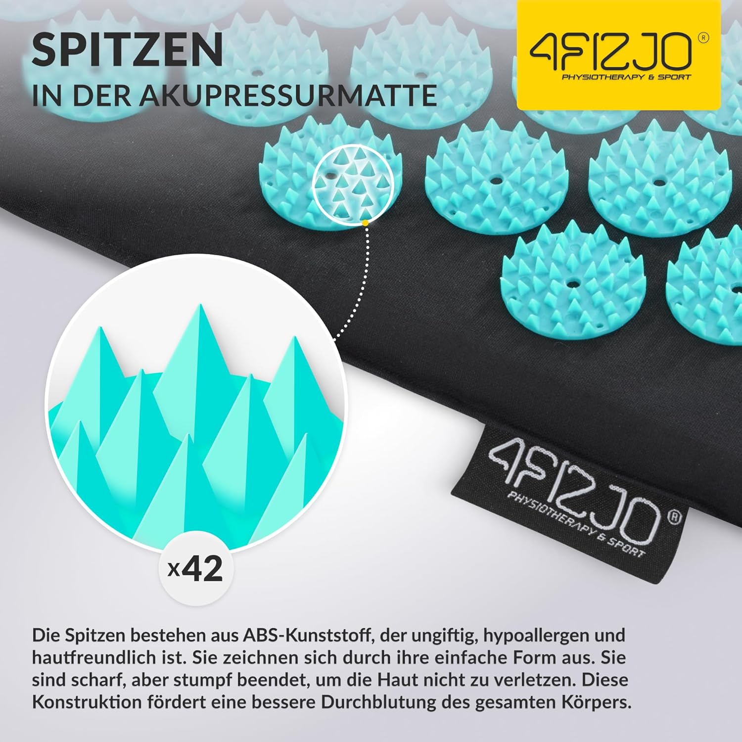 4FIZJO Akupressurmatte & Kissen, 68x42x2 cm, mit Tragetasche, Polyurethanschaum, Hypoallergen, 9618 Stacheln, Massagematte für bessere Durchblutung, Muskeln Entspannung, Farbe: Schwarz und Blau – Bild 4