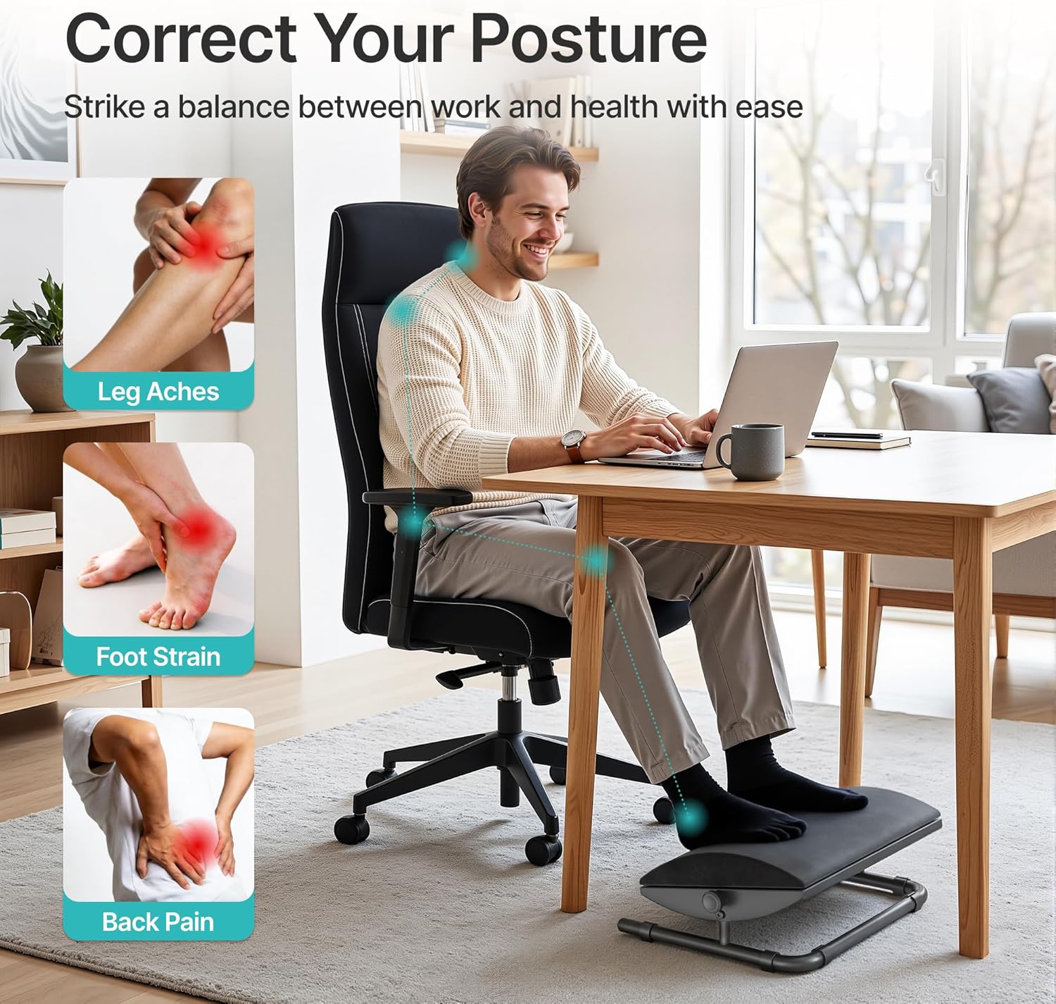 PEGZONE Fußstütze für den Arbeitsplatz unter dem Schreibtisch, ergonomische Fußstütze mit verstellbarem Neigungswinkel, Fußhocker für unter dem Bürostuhl, Ruhestuhl für Heimarbeit und Studium – Bild 3