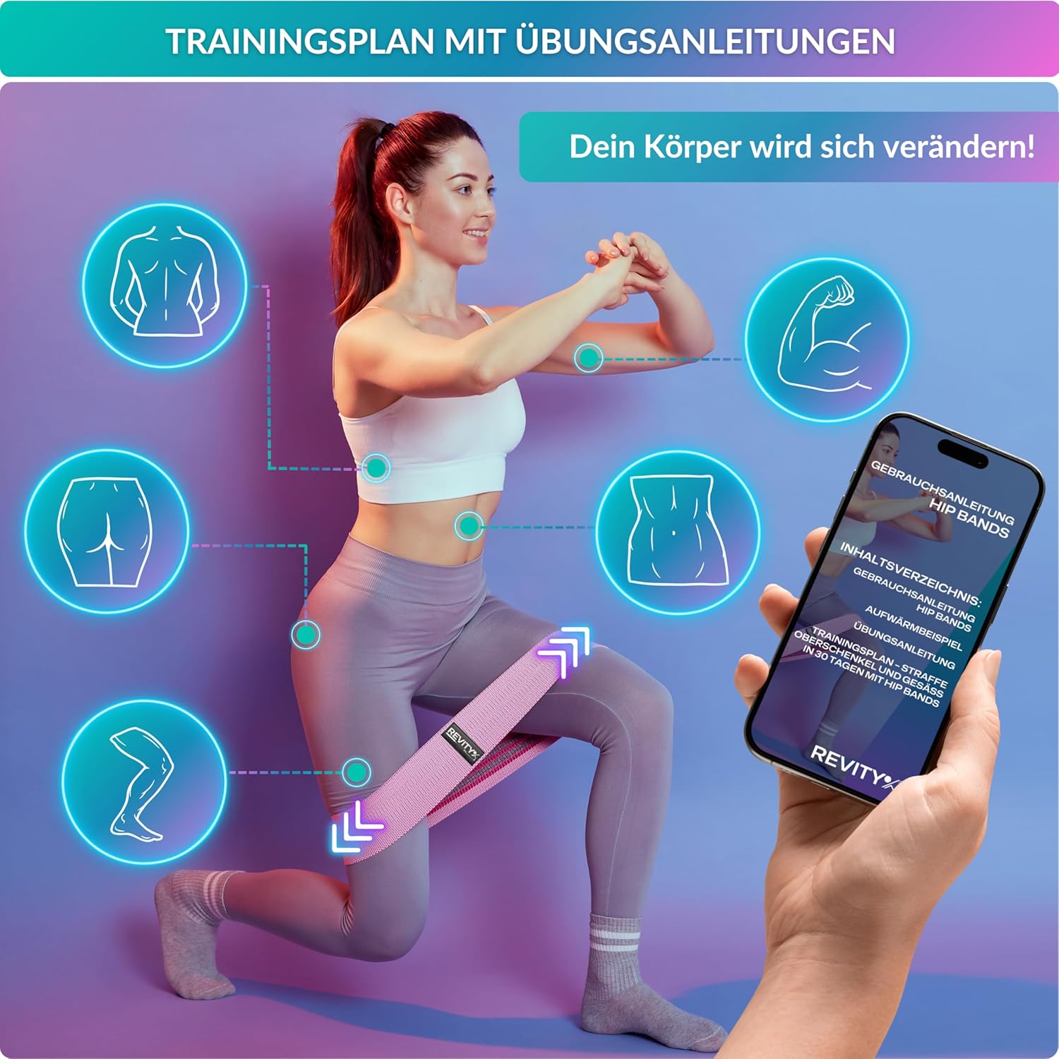 Widerstandsbänder Stoff – 3er-Set Fitnessbänder für Beine und Gesäß, rutschfest, 30-Tage-Trainingsplan PDF, Fitnessband aus Naturlatex und weichem Stoff, langlebig, mit Tragetasche – Bild 8