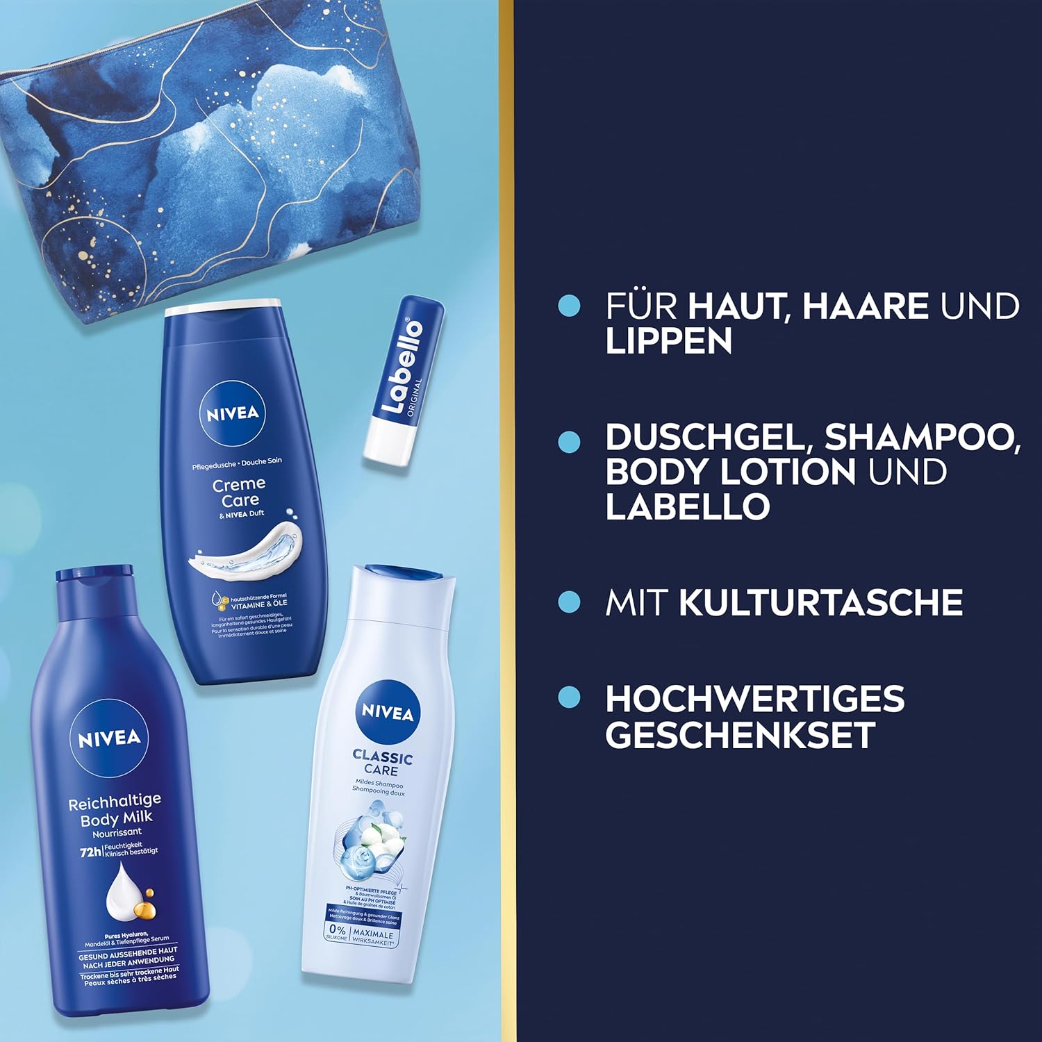 Nivea Care Moments Geschenkset, Geschenk für Frauen, Geschenkbox mit Duschgel (250 ml), Shampoo (250 ml), Körperlotion (400 ml), Labello Lippenpflege (4,8 g) und Kulturbeutel – Bild 2