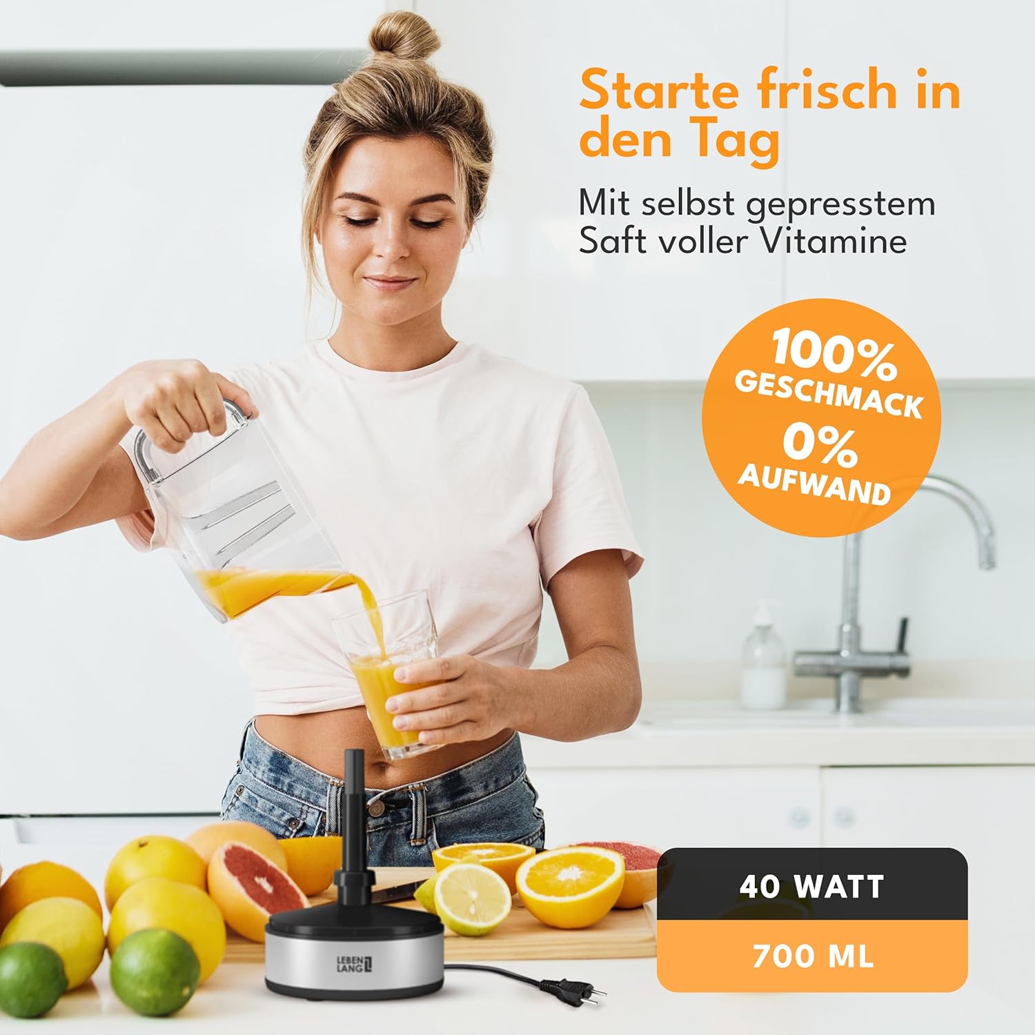 Lebenlang Zitronenpresse, elektrischer Entsafter mit hoher Saftausbeute, Orangenpresse, 2 Drehrichtungen, elektrische Fruchtpresse mit 2 Kegeln aus Edelstahl – Bild 3
