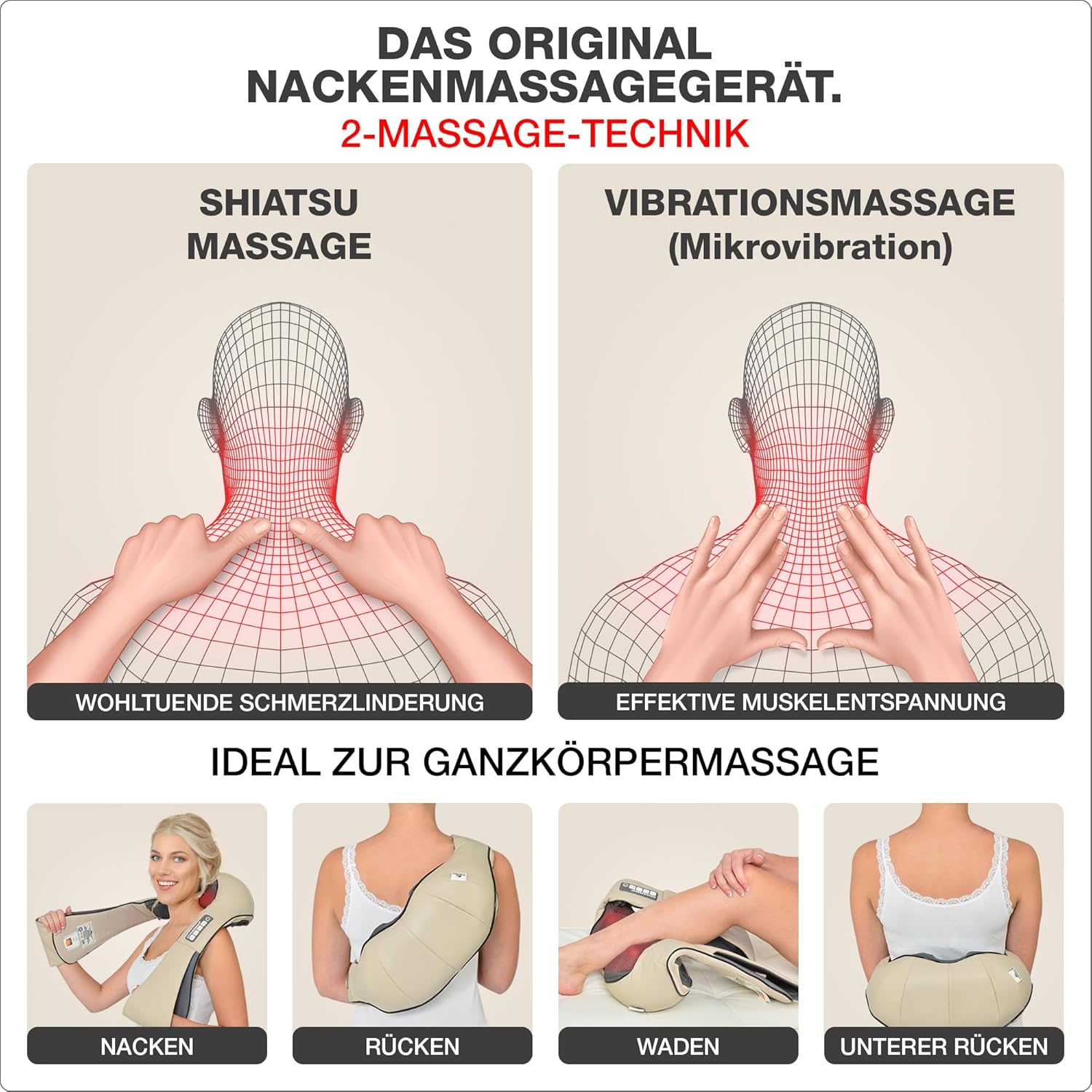 DONNERBERG Das Original Nackenmassagegerät mit Wärme, beige, Shiatsu-Massagegerät für Nacken-Schulter-Massage, Vibration, TÜV-geprüft – Bild 3