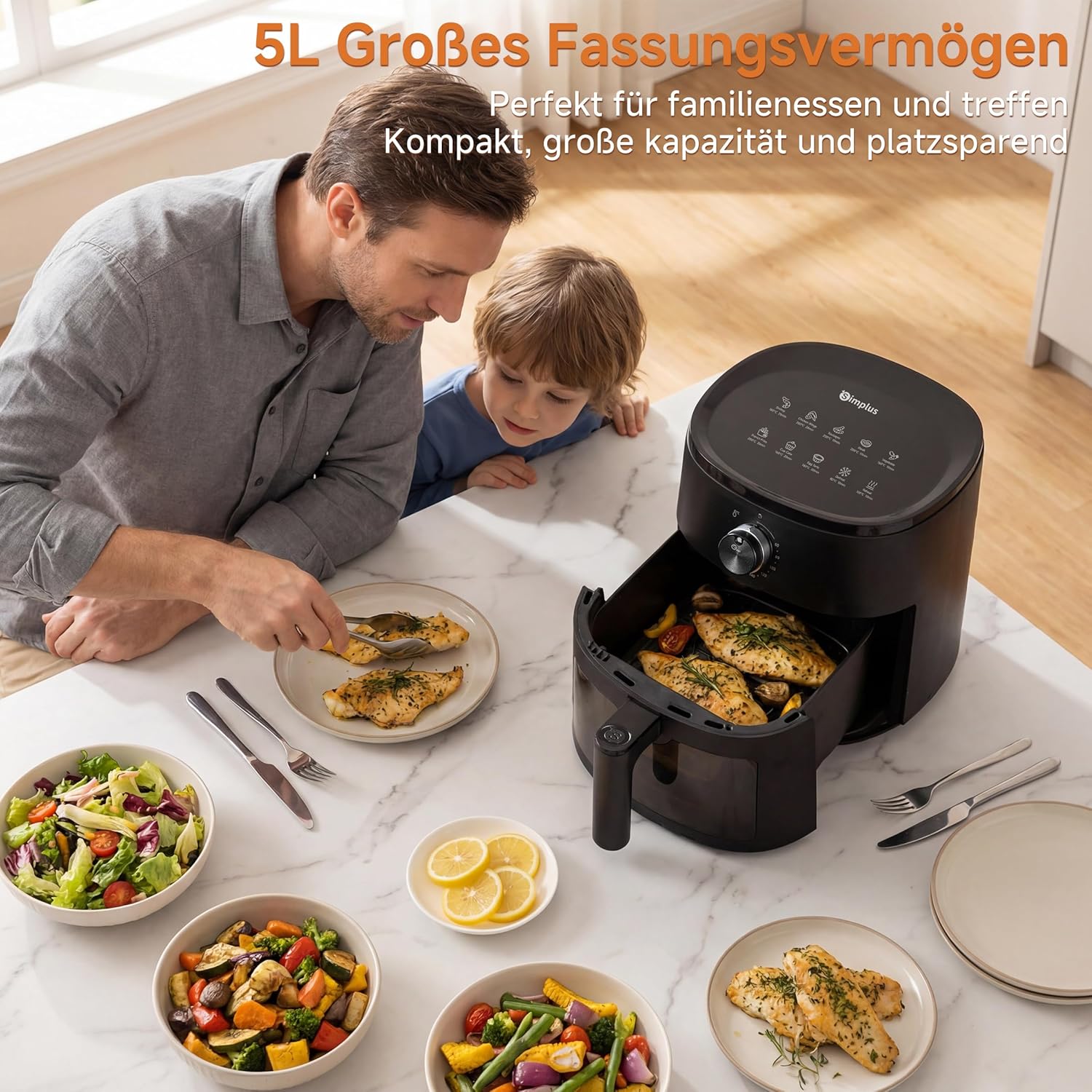 SIMPLUS Heißluftfritteuse 5L mit Sichtfenster, 1300W Airfryer, leise 43,2 dB, platzsparend, Heißluftfritteuse mit Dampffunktion, Antihaft-Korb, Drehknopf, 60-200°C – Bild 6