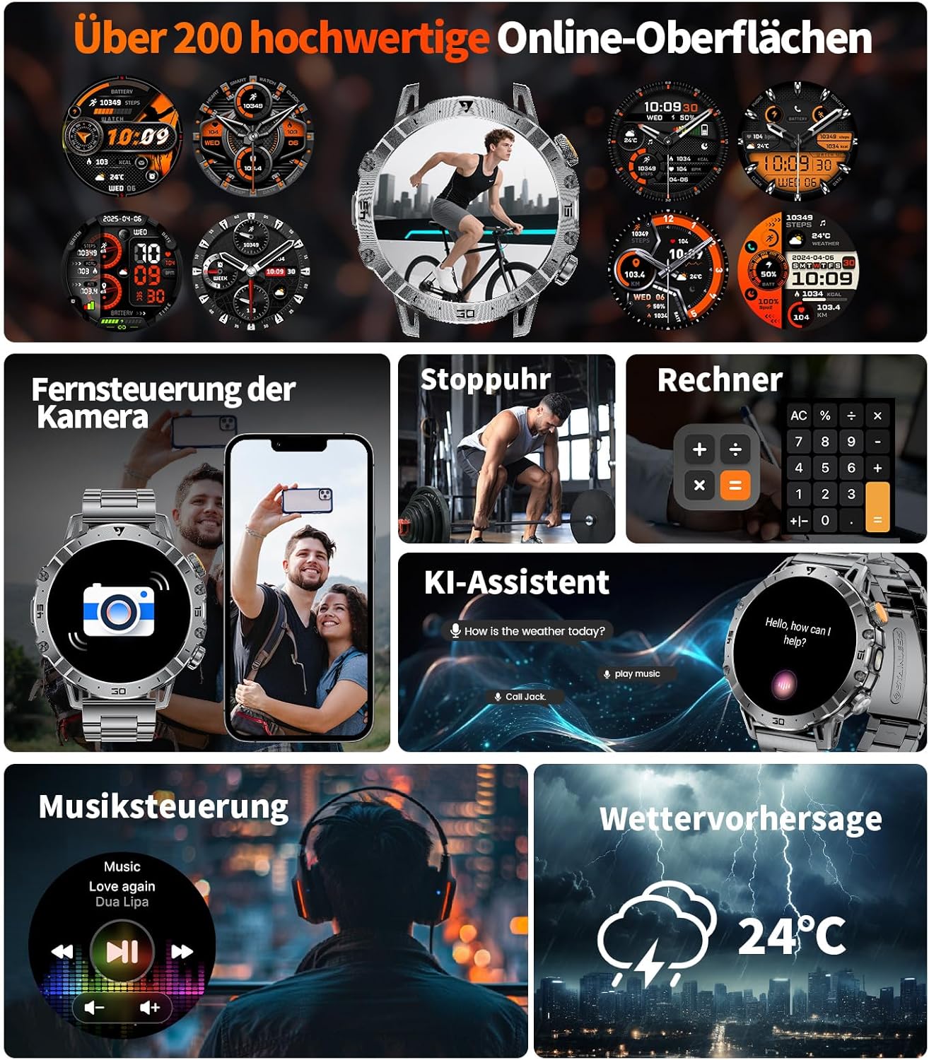 EF18-A Herren-Smartwatch mit 1000 mAh großem Akku, Taschenlampe, Bluetooth-Anruf, 1,7 Zoll Fitnessuhr mit 110+ Sportmodi, Herz- & Schlaf-Tracking, wasserdicht für iOS/Android, 3 Armbänder + 2 Ladegeräte – Bild 10