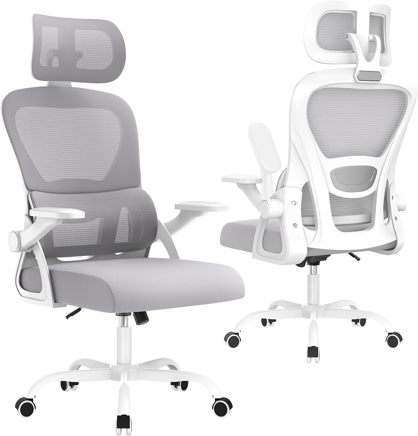 Ergonomischer Bürostuhl, Schreibtischstuhl mit Lordosenstütze und Netzrückenlehne, höhenverstellbarer Drehstuhl mit Kopfstütze und leisen Rollen, Computerstuhl für Home-Office-Gaming – Grau – Bild 7