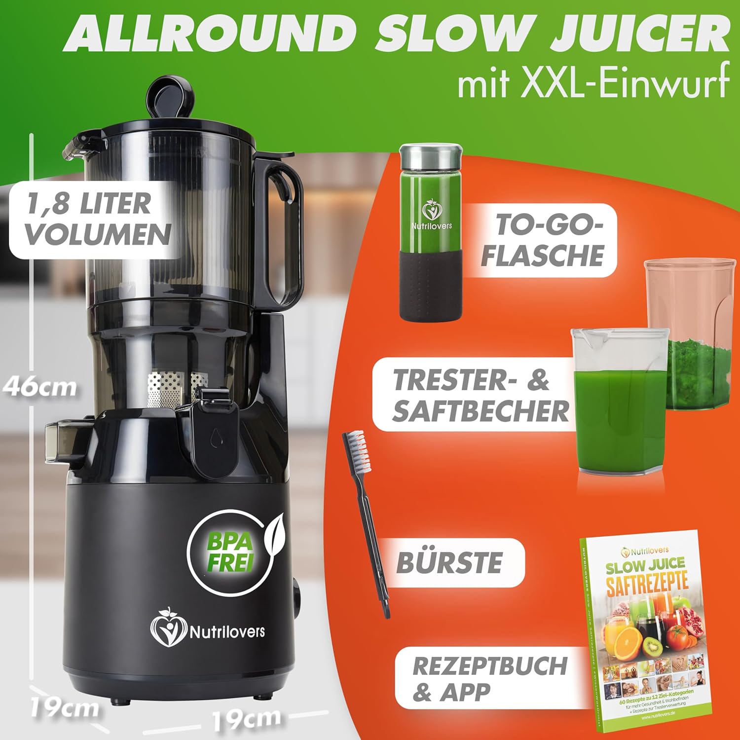 Nutrilovers Slow Juicer Nutri-Press Max Ganzfrucht-Entsafter mit XXL-135-mm-Öffnung, BPA-frei, inklusive Saftflasche, Slow-Juice-Rezeptbuch – Bild 2