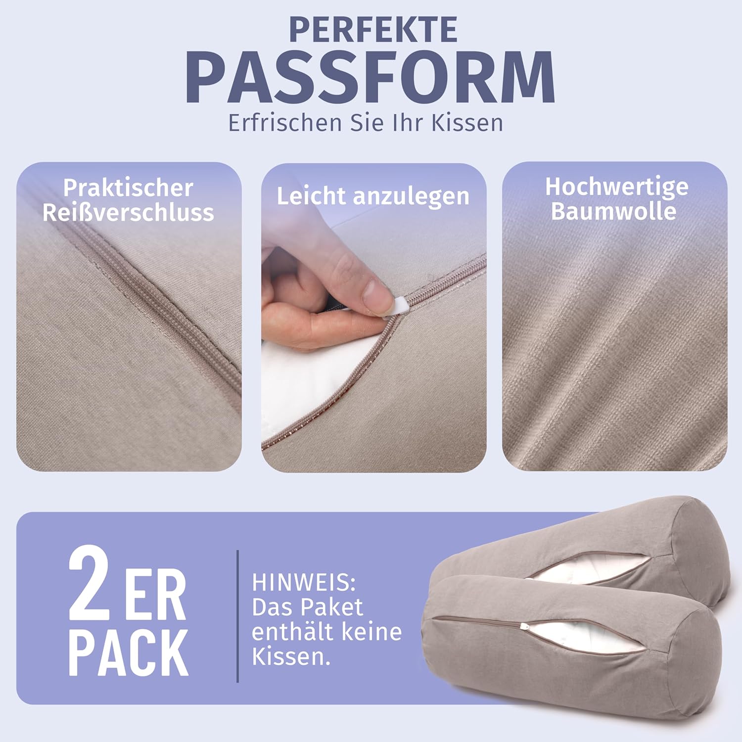2er-Pack Nackenrollenbezüge mit Reißverschluss, Bezüge für Nackenstützkissen, 100 % Baumwolle, weich, waschbar und trocknergeeignet, 15 x 40 cm, Sand – Bild 3