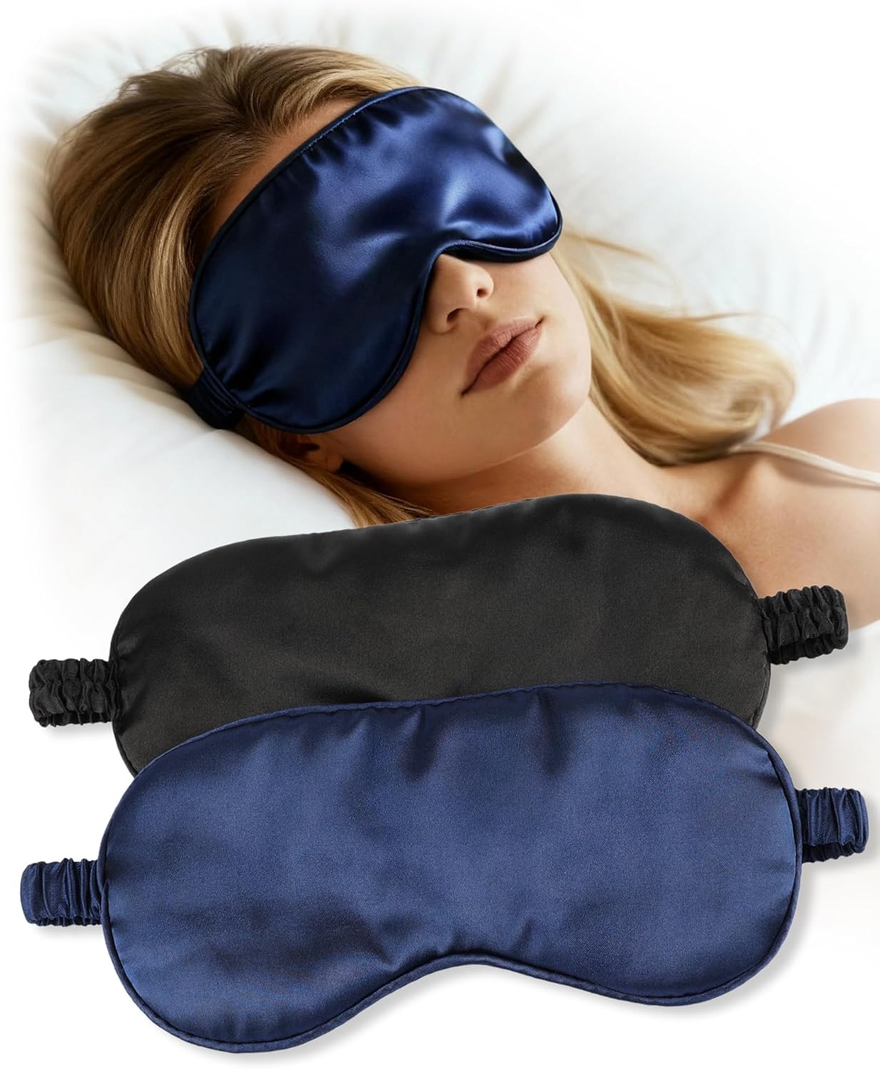 2er-Pack Schlafmasken für Damen und Herren, Augenmaske aus Seide, lichtblockierende Schlafmaske mit verstellbarem Riemen, bequeme weiche Augenbinde für Reisen, Nickerchen (schwarz)