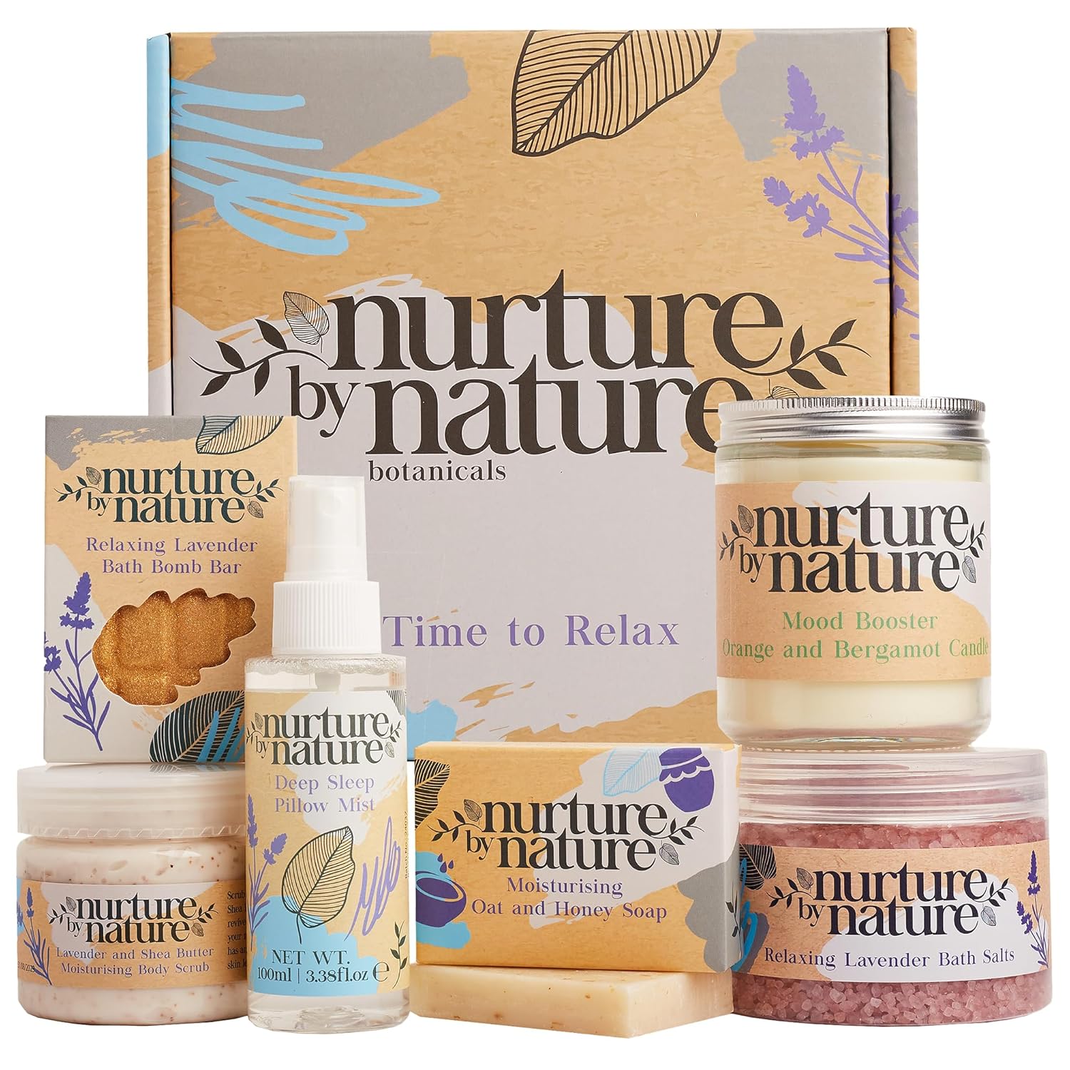 Nurture by Nature Relax & Calm Verwöhnendes Spa-Geschenkset, Badeset, Lavendel, Badesalz, Aromatherapie, Seife, Badebomben, Kerze und mehr, Geschenk für Frauen, Sie