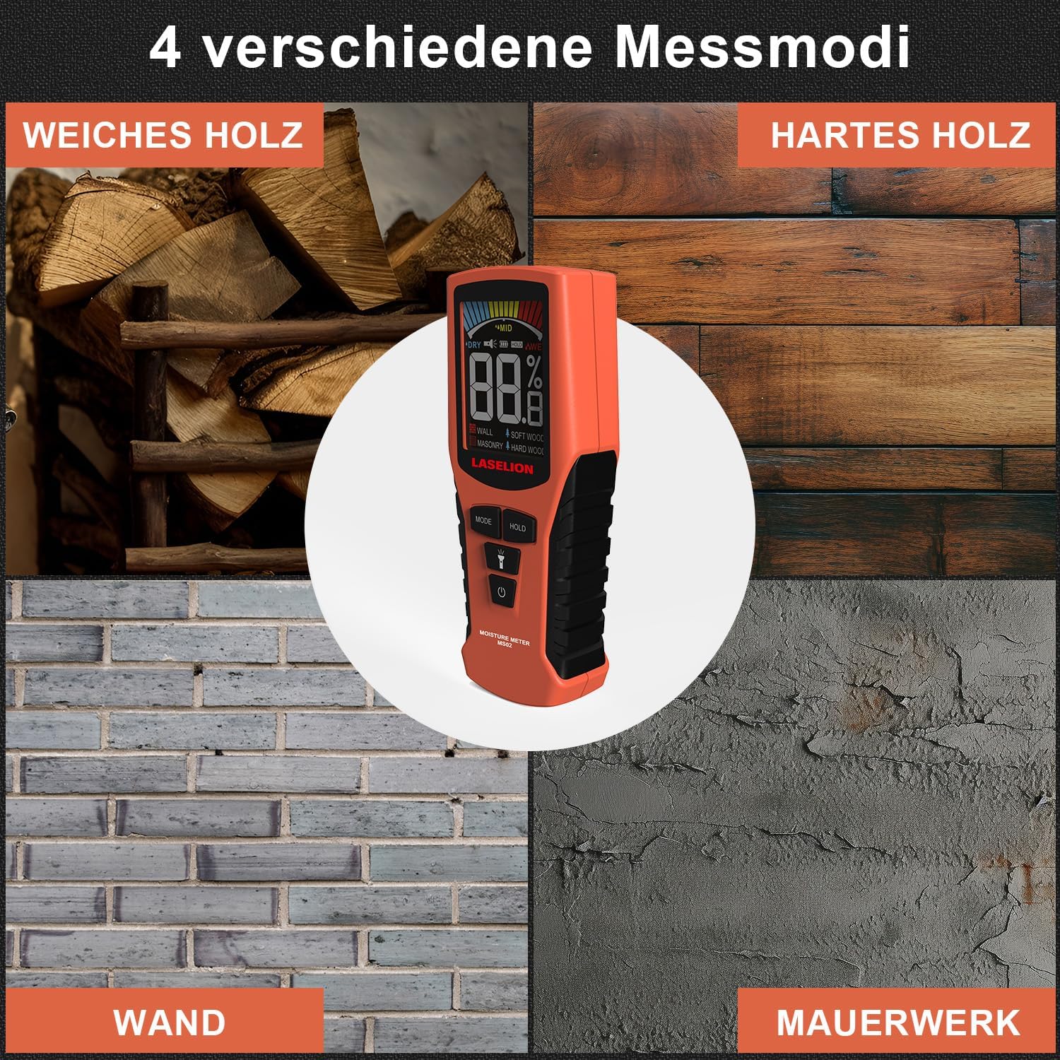 LASELION MS02 Pinless Wand-Feuchtigkeitsmesser, nicht-invasiver Feuchtigkeitsmesser, Detektor, Holzfeuchtemesser mit großem Farbdisplay, Batterien, 4 Modi für Holz, Brennholz, Wände, Baumaterialien – Bild 9