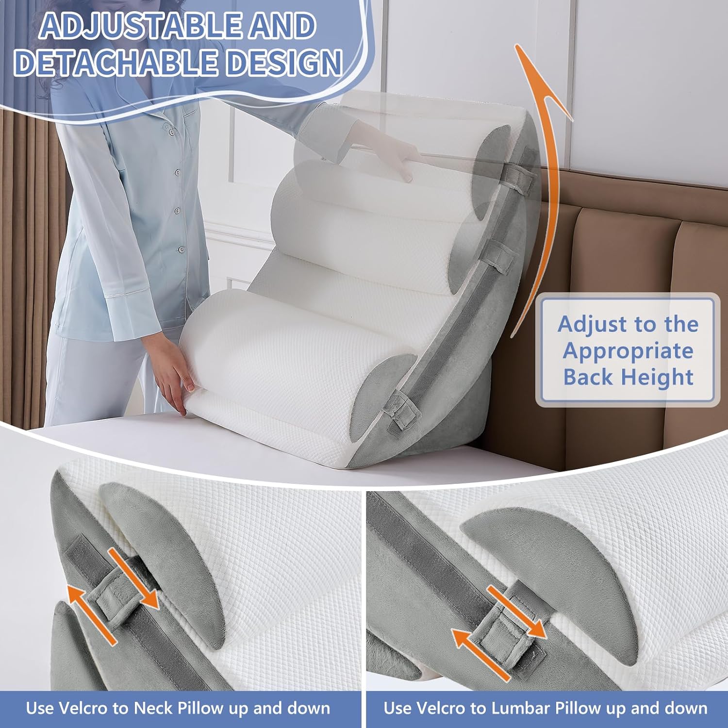 9PCS Orthopädische Bett Keil Kissen Set, Post Chirurgie Schaum Kissen für Körper, Rücken und Beine Schmerzlinderung, Justierbare Stützkissen mit Säure Reflux Schlafkissen Bed Wedge Pillow Hellgrau – Bild 4