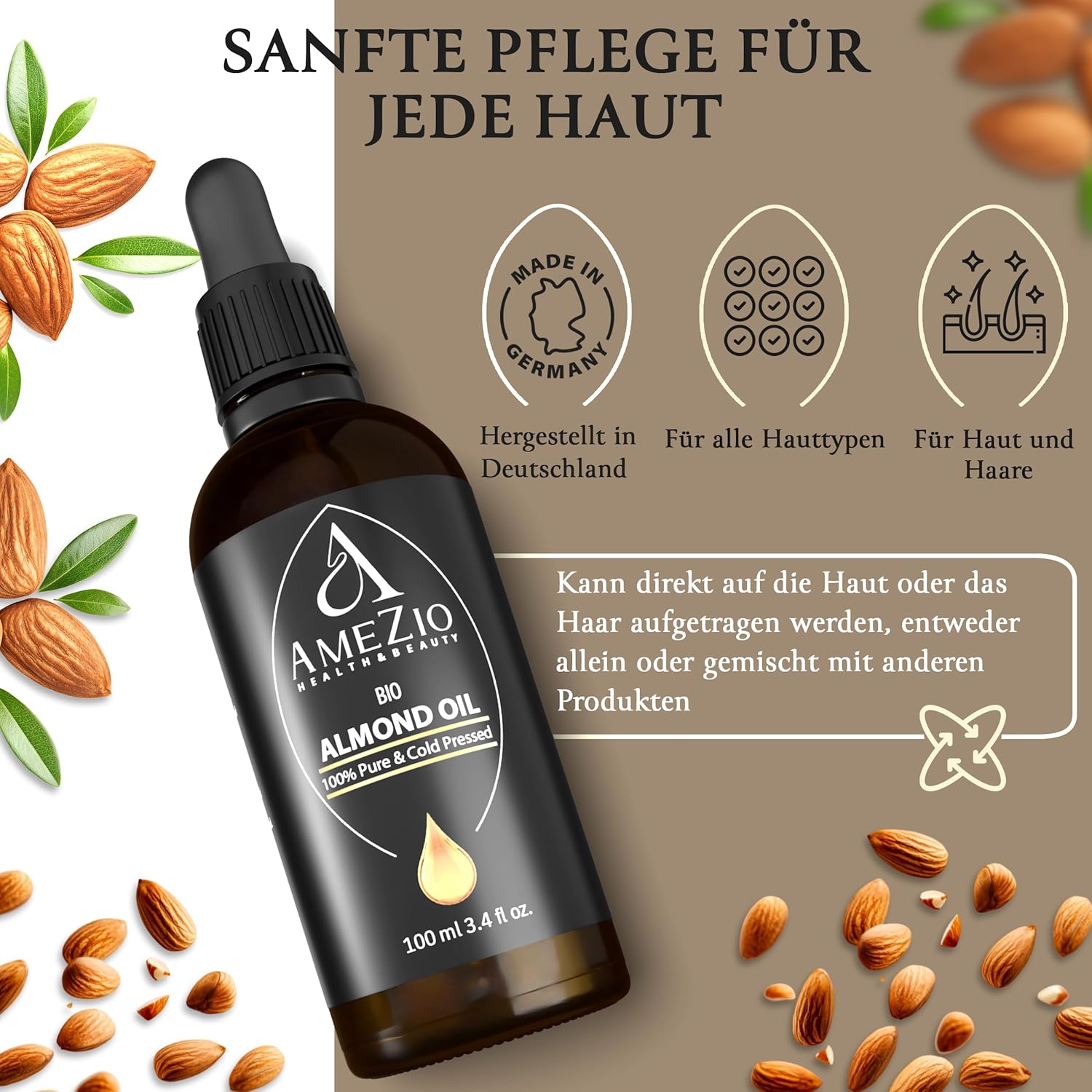 Kaltgepresstes Bio-Mandelöl, für Haare, Gesicht, Körper, Haut, Baby-Mandelöl, 100 % rein und nachhaltig, natürlich für Kosmetik, Hautpflege, vegan und tierversuchsfrei, hexanfrei, 100 ml – Bild 6