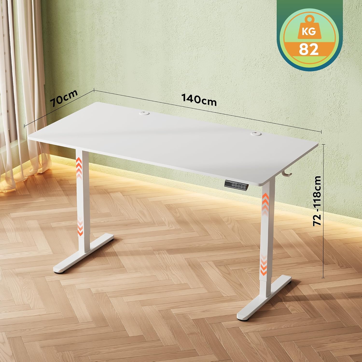 DEVAISE Höhenverstellbarer Schreibtisch 140 x 70 cm, mit einteiliger Tischplatte und leisem Motor, Sitz-Steh-Schreibtisch mit Memory-Funktion für 3 Höhen, ergonomischer Computertisch fürs Büro, weiß – Bild 3