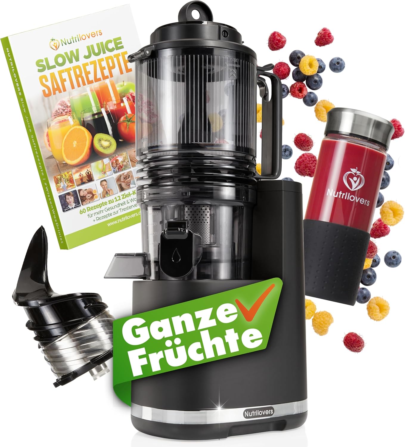 Nutrilovers Slow Juicer Nutri-Press Max Ganzfrucht-Entsafter mit XXL-150-mm-Öffnung, BPA-frei, inklusive Saftflasche, Slow-Juice-Rezeptbuch