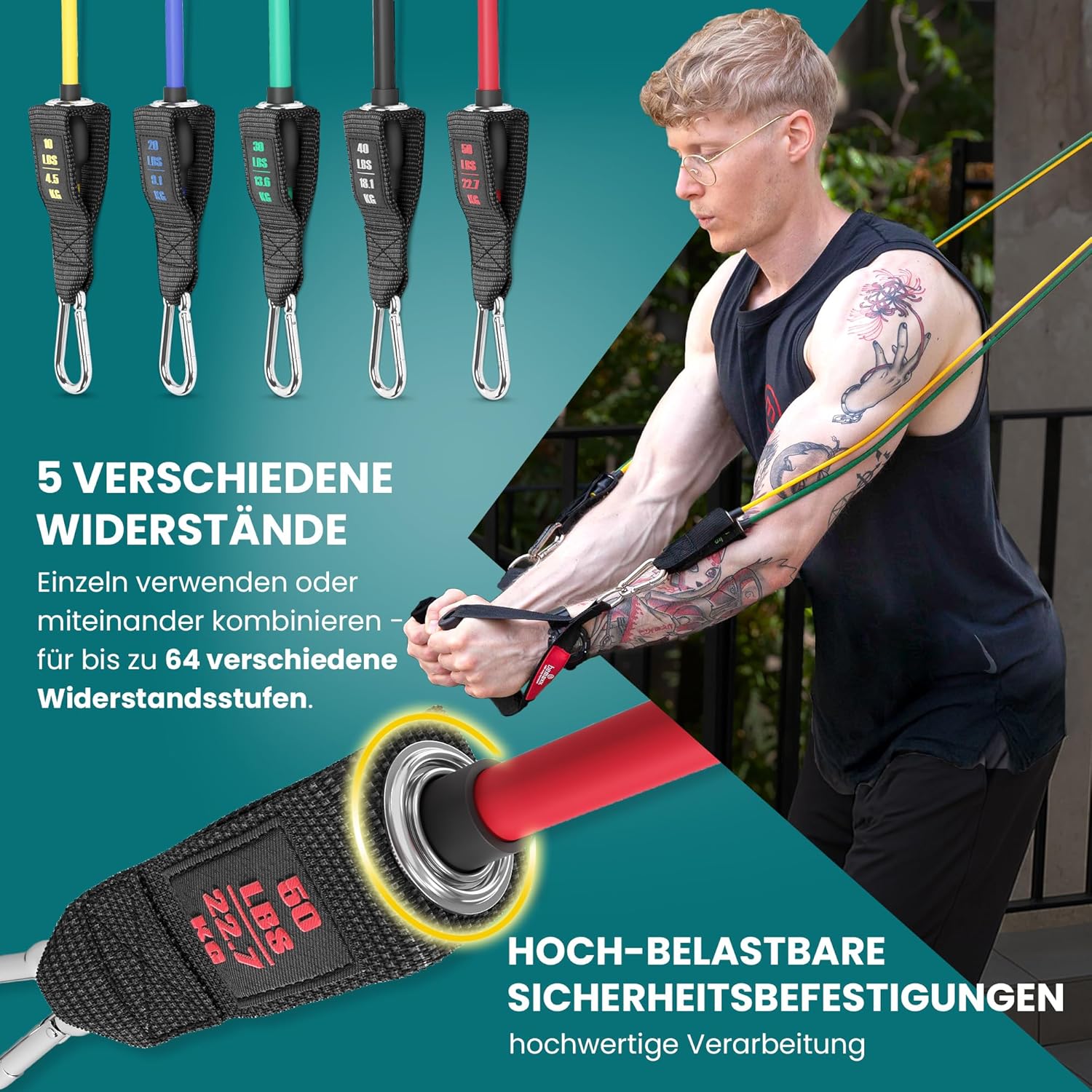 Widerstandsband-Set mit Trainingsanleitung, Expander-Röhren, Fitnessbändern, Widerstandsband-Set: 5 Widerstandsbänder, Griffe, Türanker, Fußschlaufen, Fitnessband – Bild 3