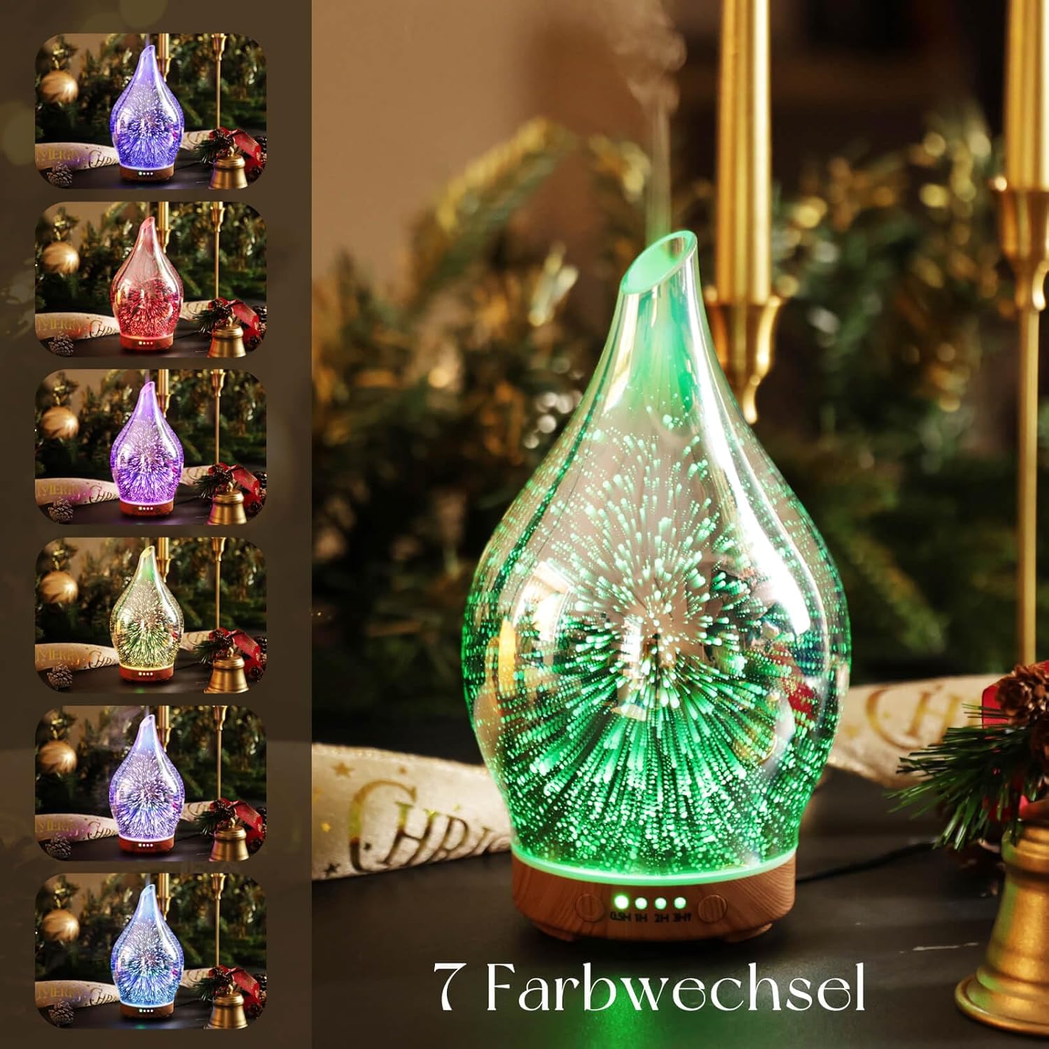 Porseme Aroma-Diffusor 150 ml, mundgeblasener 3D-Glas-Luftbefeuchter, Ultraschall-Aromatherapie-Öl-Diffusor mit 7 farbigen LED-Lichtern, Diffusor für ätherische Öle mit Timer, BPA-frei für Zuhause (Silber) – Bild 3