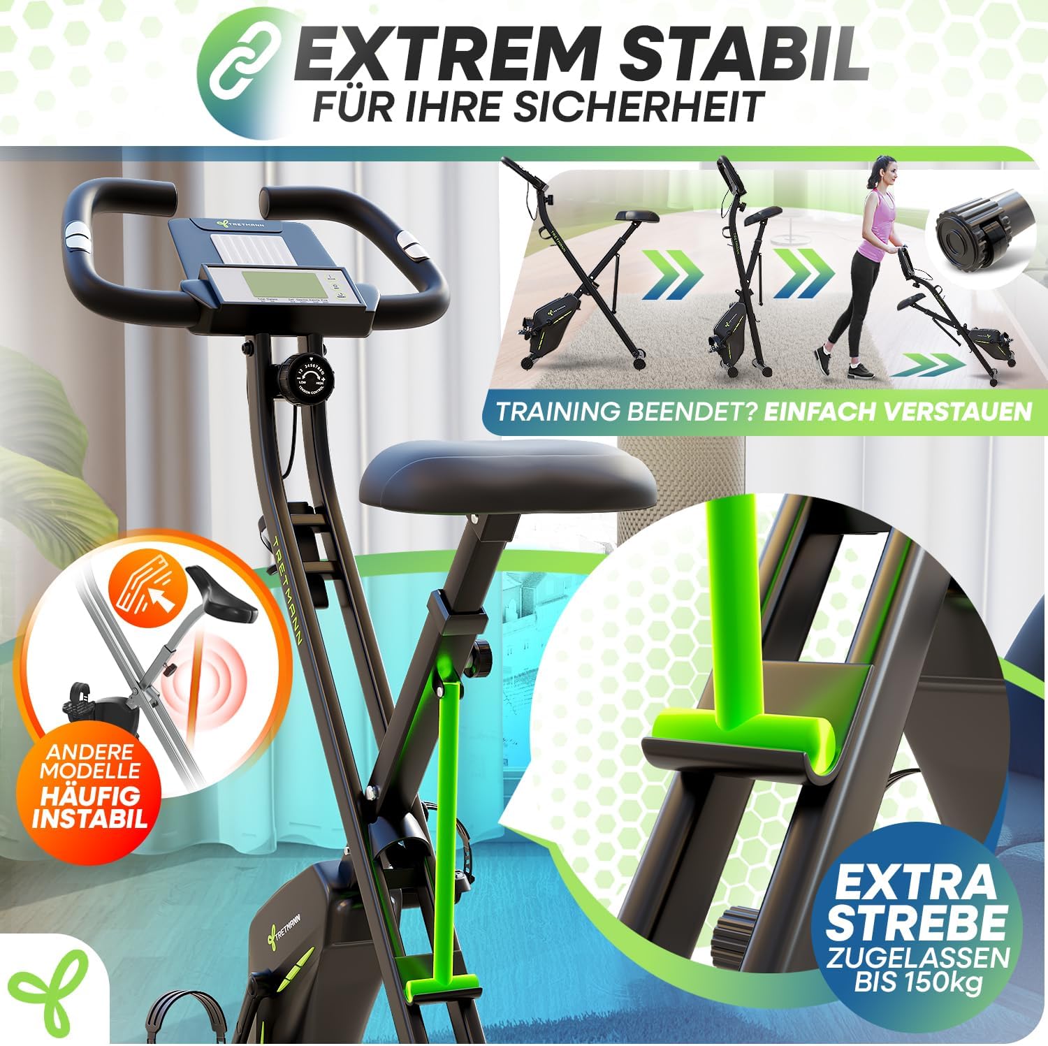 Tretmann Heimtrainer Fahrrad Klappset extra bequem & leise RelaxFoam bis 150 kg belastbar Ergometer, Heimtrainer, Ergometer Heimtrainer Senioren, Fitnessbikes – Bild 5