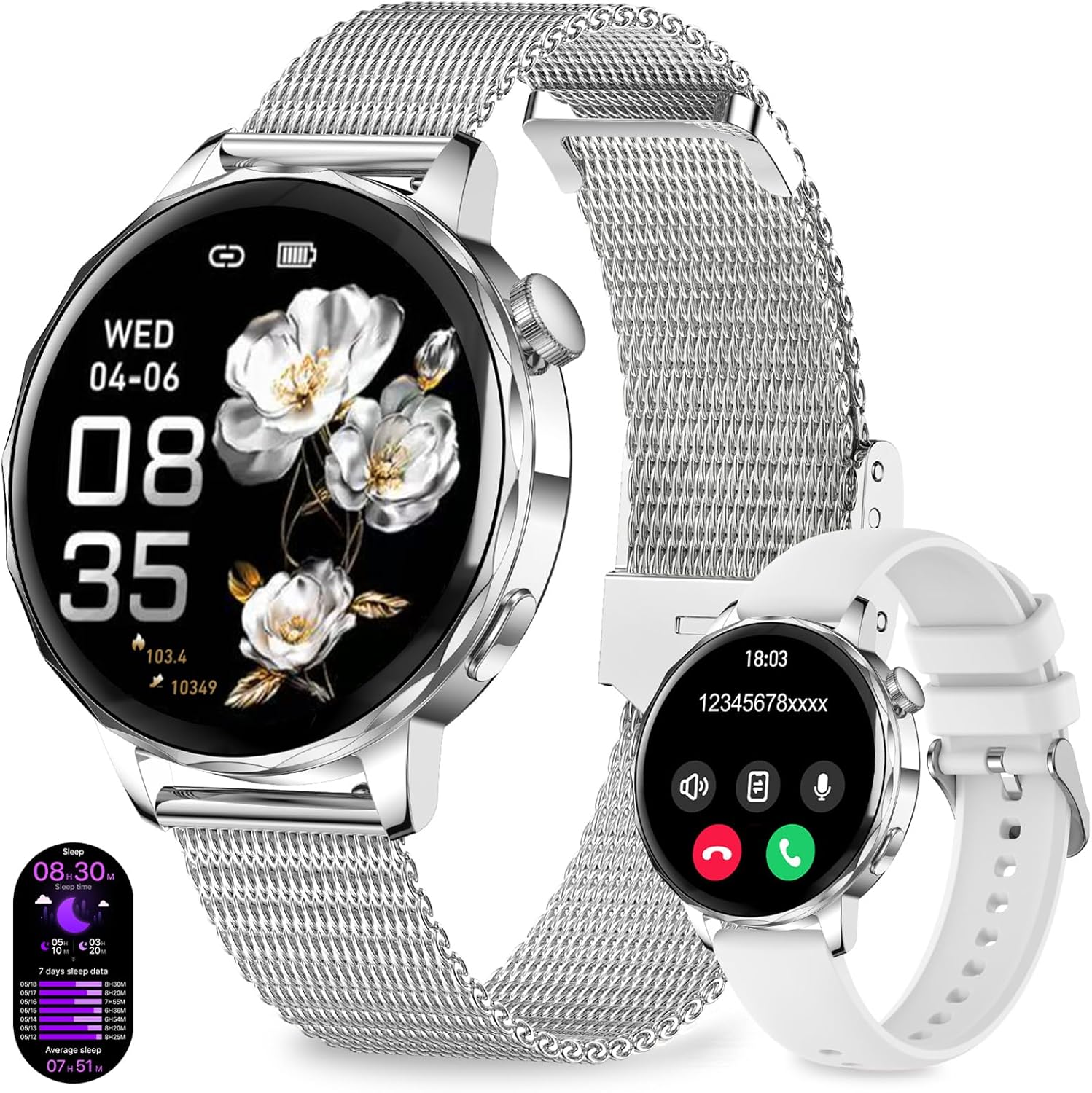 Runde Smartwatch für Damen mit Telefonfunktion, 1,27 Zoll HD-Smartwatches mit SpO2, 24-Stunden-Herzfrequenzüberwachung, Blutdruck-Schlafüberwachung, Fitness-Tracker 120+ Sportmodi, Schrittzähler für iOS Android, IP68 wasserdicht, Silber