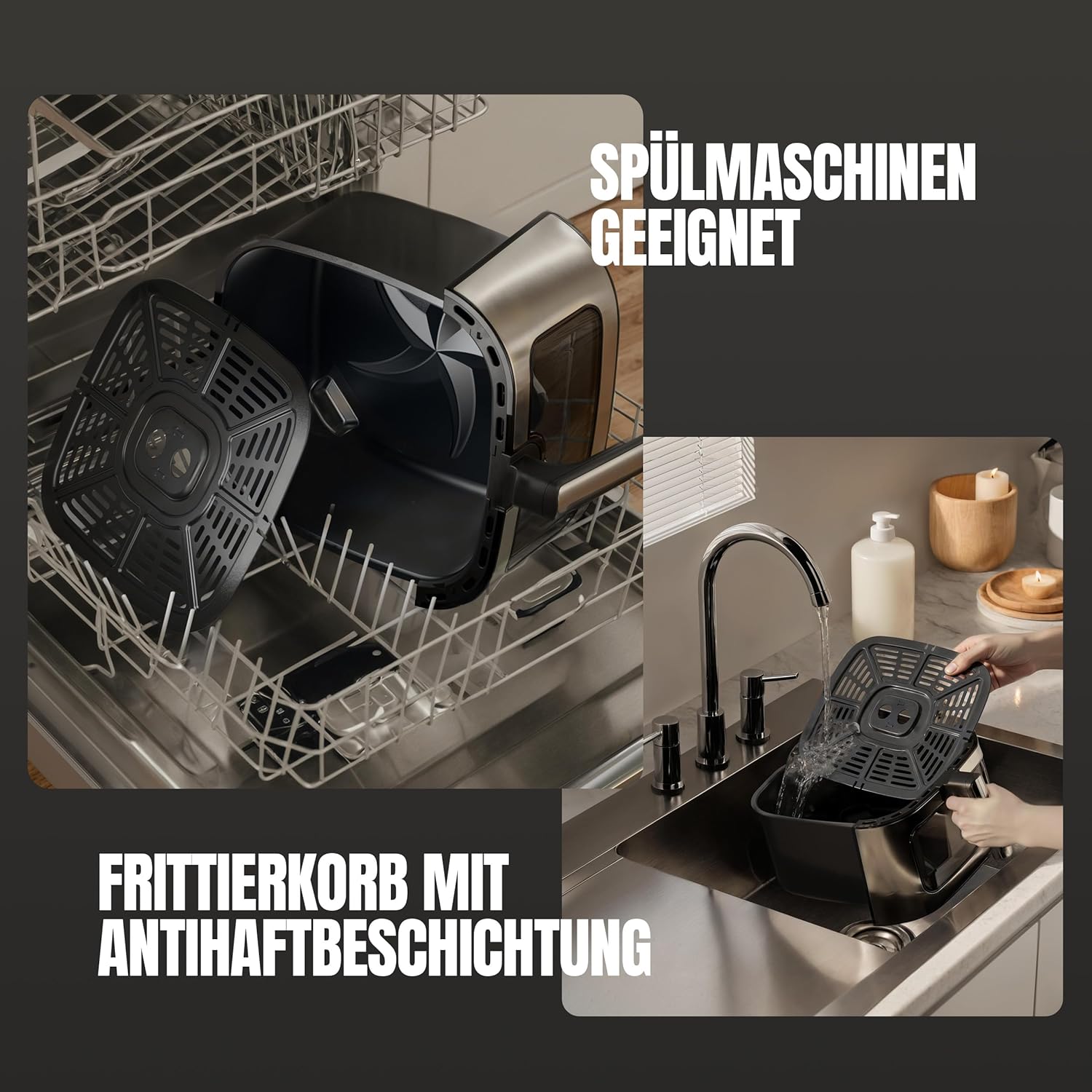 HEINRICHS Heißluftfritteuse, 9 Liter XXL-Luftfritteuse, 10-in-1-Heißluftfritteuse, LED-Display mit Sensor-Touch-Steuerung, fettfreie Zubereitung, inklusive Timer, platzsparend, spülmaschinenfester Korb, 1800 W – Bild 8