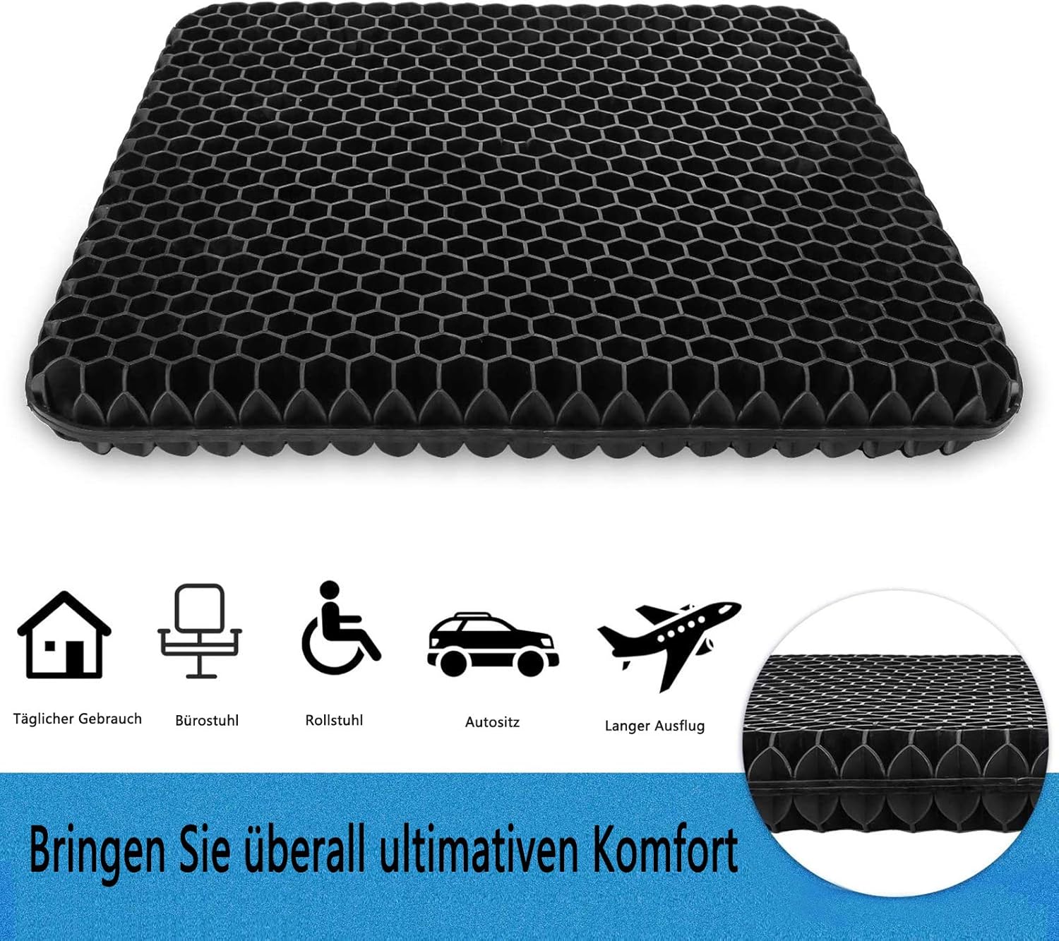 Gel-Sitzkissen, orthopädisches doppellagiges verdickendes Sitzkissen mit rutschfestem Stoffbezug, atmungsaktives Stuhlkissen für Bürostuhl (schwarz, 43 cm x 39 cm x 4 cm) – Bild 5