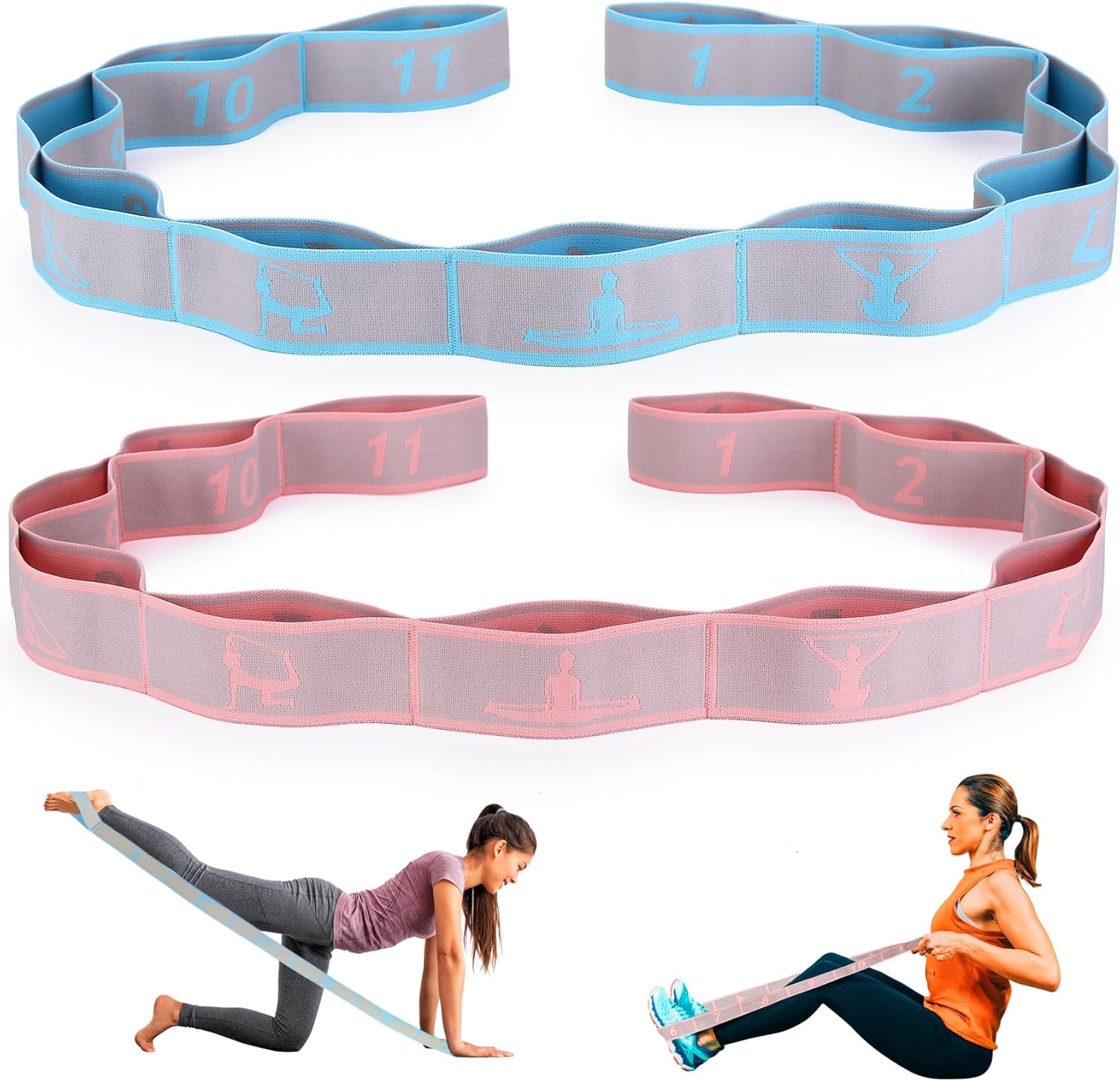 Elastischer Yoga-Stretchgurt mit Schlaufen, CEILIWEN Stretchgurte für Physiotherapie, Pilates-Stretchband, elastische Übungsbänder, Bein-Stretchgurt, Stretch-Widerstandsbänder für Übungen