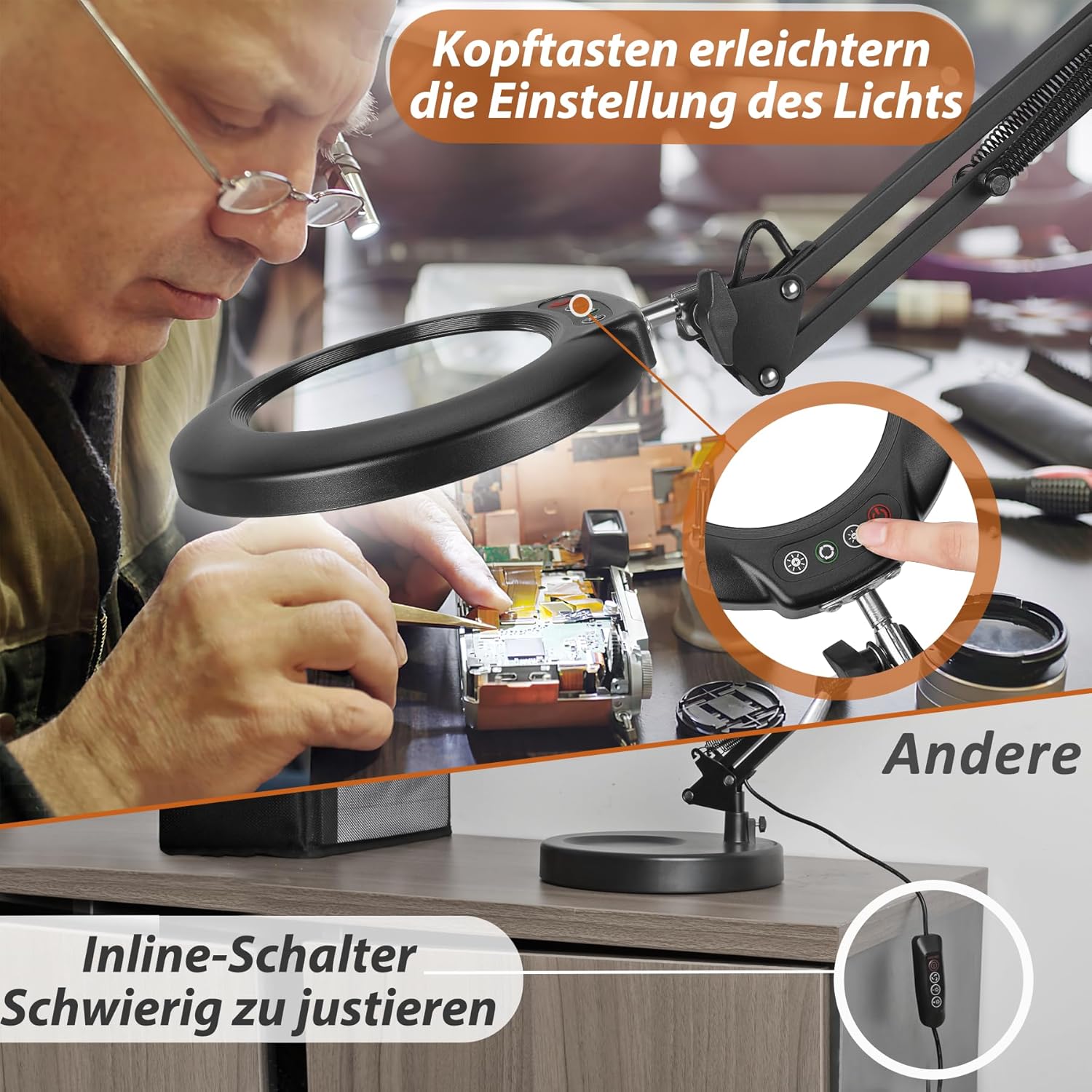 Veemagni 10-fache Lupe mit Licht, 5 Farbmodi, stufenlos dimmbar, 2-in-1-Schreibtischlampe und Klemme, LED-beleuchtete Lupe mit Licht und Ständer, freihändig für Handwerk, Hobby, Malen, Abschlussarbeiten – Bild 4