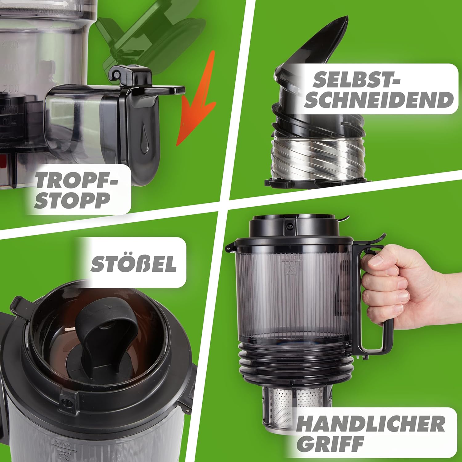 Nutrilovers Slow Juicer Nutri-Press Max Ganzfrucht-Entsafter mit XXL-150-mm-Öffnung, BPA-frei, inklusive Saftflasche, Slow-Juice-Rezeptbuch – Bild 6