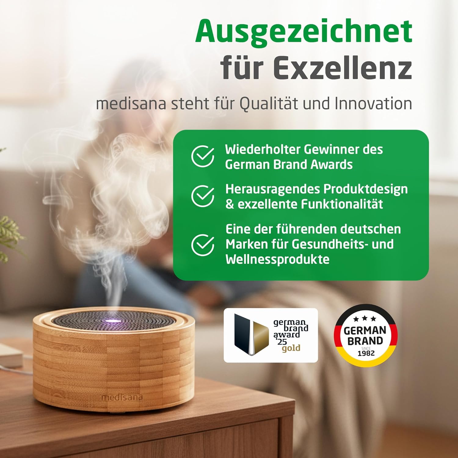 Medisana AD 625 Aroma-Diffusor aus Bambus, Holzzerstäuber mit Spa-Licht in 6 Farben, für ätherische Öle, Duftlampe mit Timer, 100 ml – Bild 6