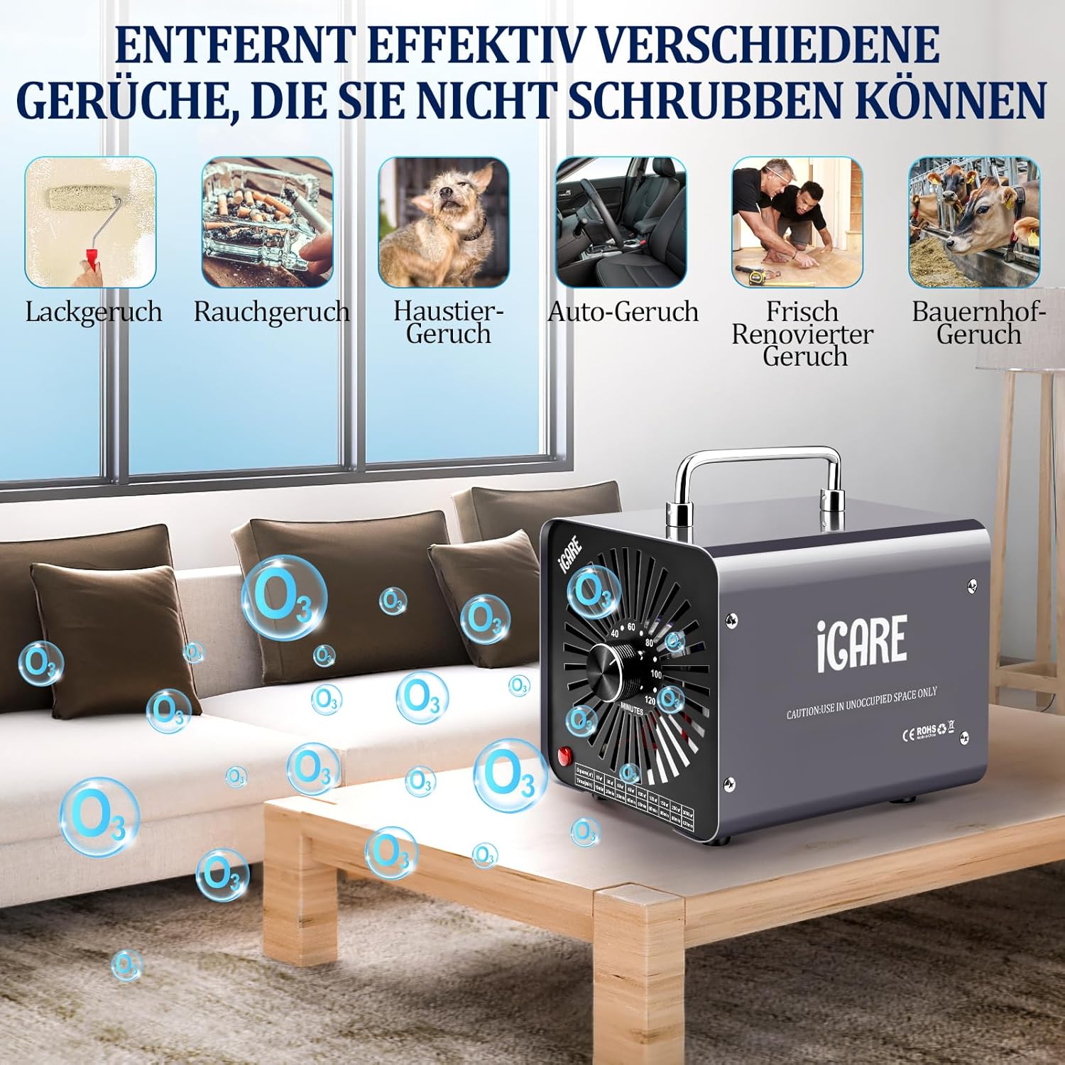 ICARE Ozongenerator 30.000 mg/h Ozongerät, Ozonisator Industrieller O3-Ozon-Luftreiniger mit 120-Min-Timer für 300㎡ Geruchsbeseitiger Geruchsneutralisator für Auto-, Rauch-, Haustiergerüche, Küchengerüche – Bild 5