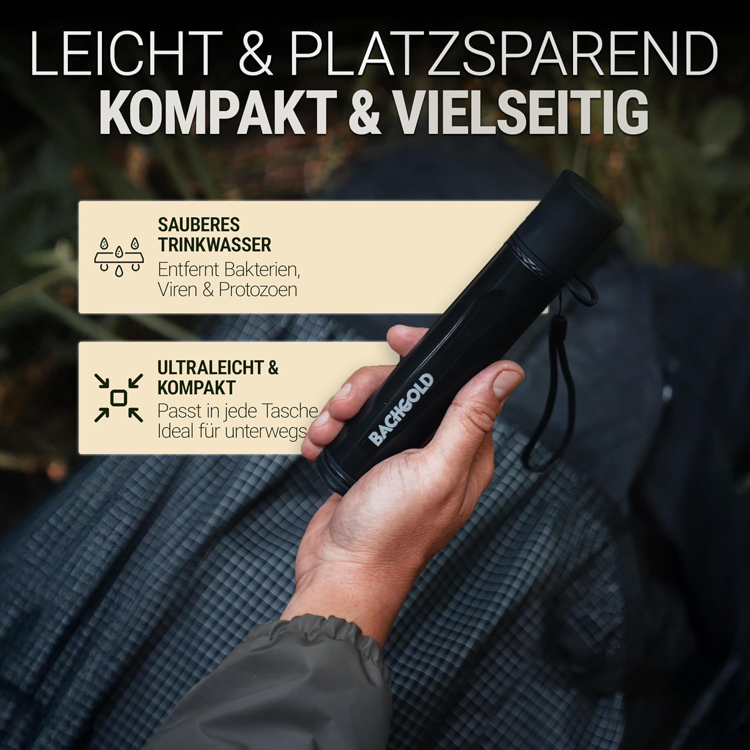 Bachgold Strohwasserfilter Outdoor Survival – Entfernt 99,99 % Viren, Bakterien und Protozoen – 2-stufige Elektroadsorption mit 70 cm Schlauch – Ultraleicht für Camping, Wandern und Notfall, Schwarz – Bild 5