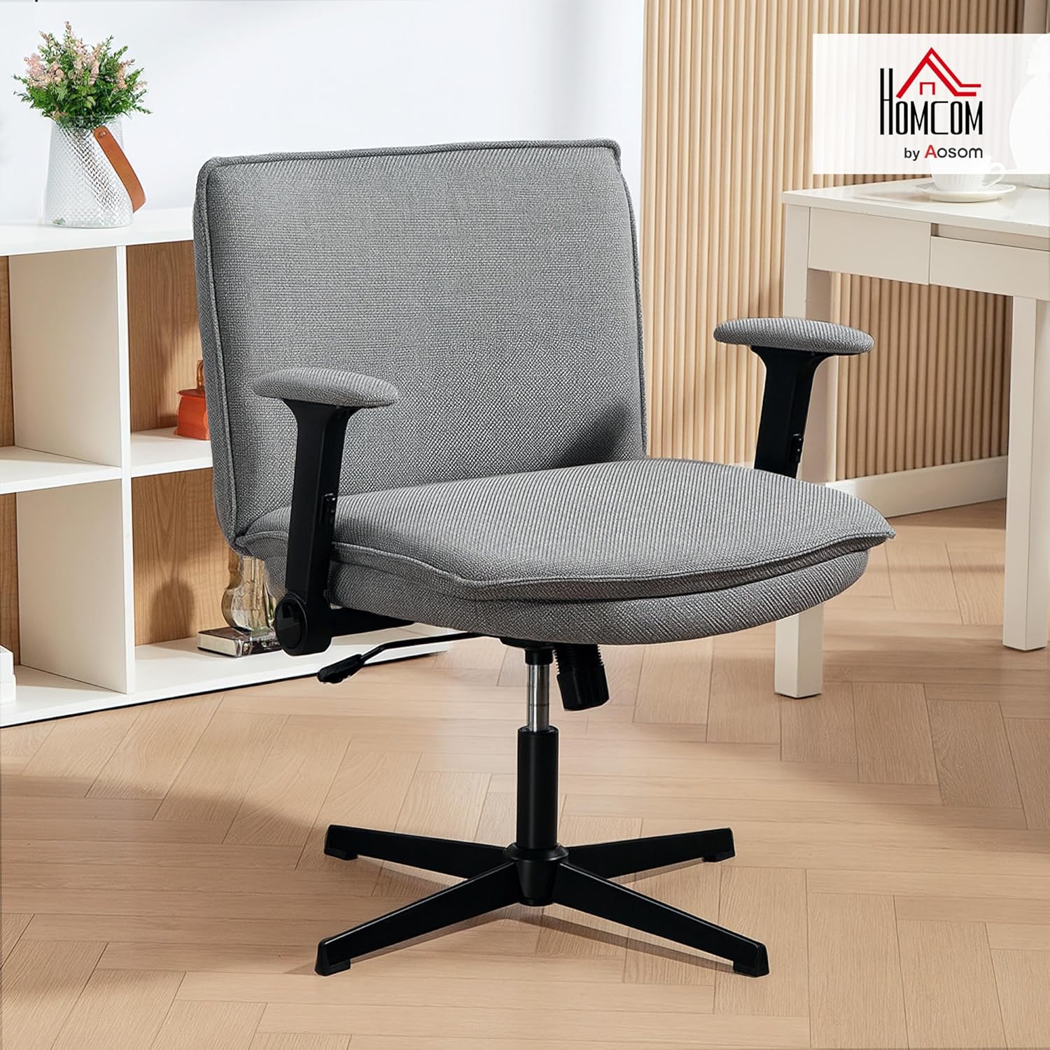 HOMCOM Bürostuhl, Schreibtischstuhl mit klappbaren Armlehnen, breite Sitzfläche, höhenverstellbar, maßgeschneiderter Sitz, Drehstuhl mit Leinenoptik, für Home Office, Grau – Bild 2