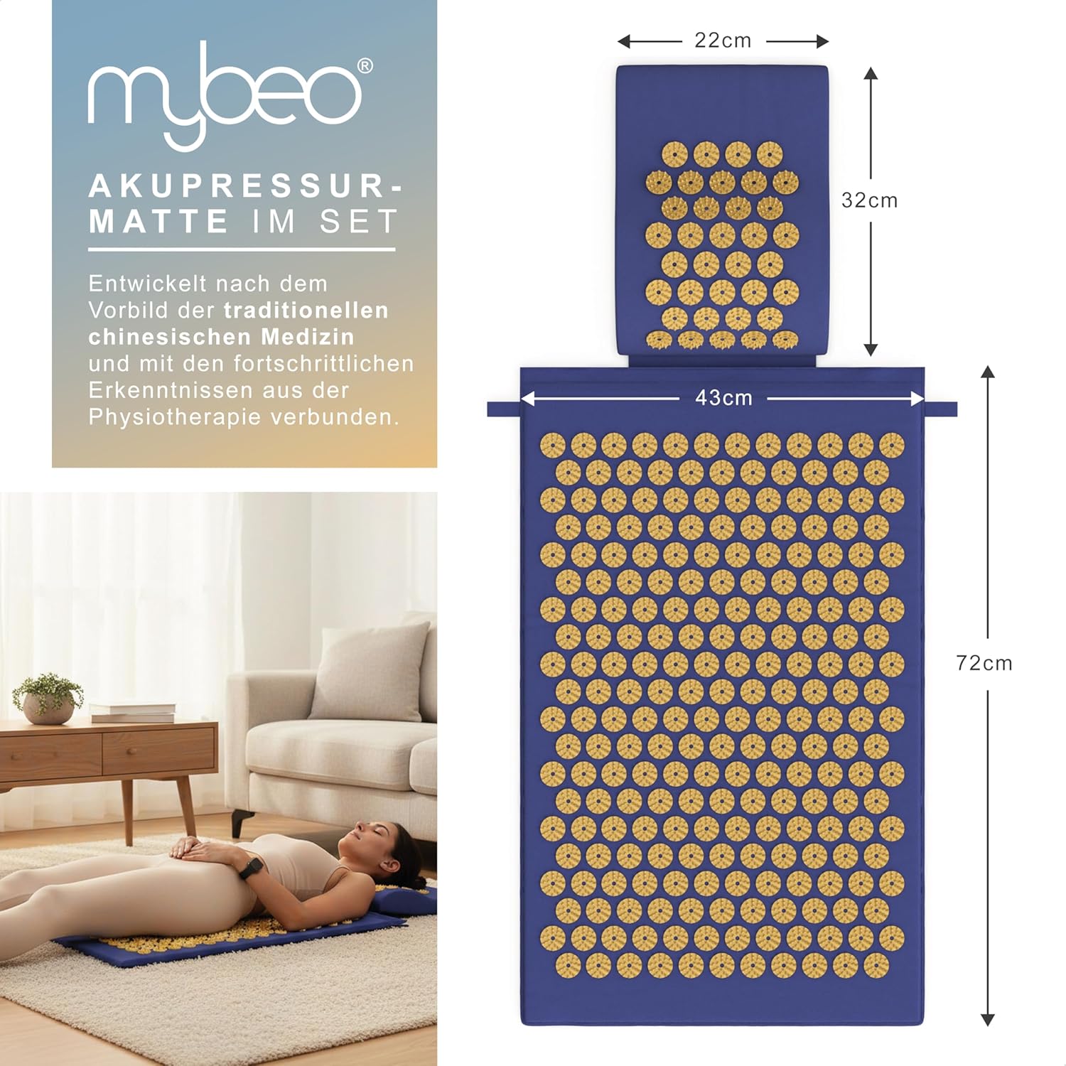 Mybeo – Akupressurmatte aus Naturfaser – mit Kissen – Yantra-Matte – Linderung von Rückenschmerzen – Linderung von Nacken- und Fußschmerzen – mit Tragetasche – Nadelmatte – Tiefenentspannung – Nackenkissen im Lieferumfang enthalten – Bild 2