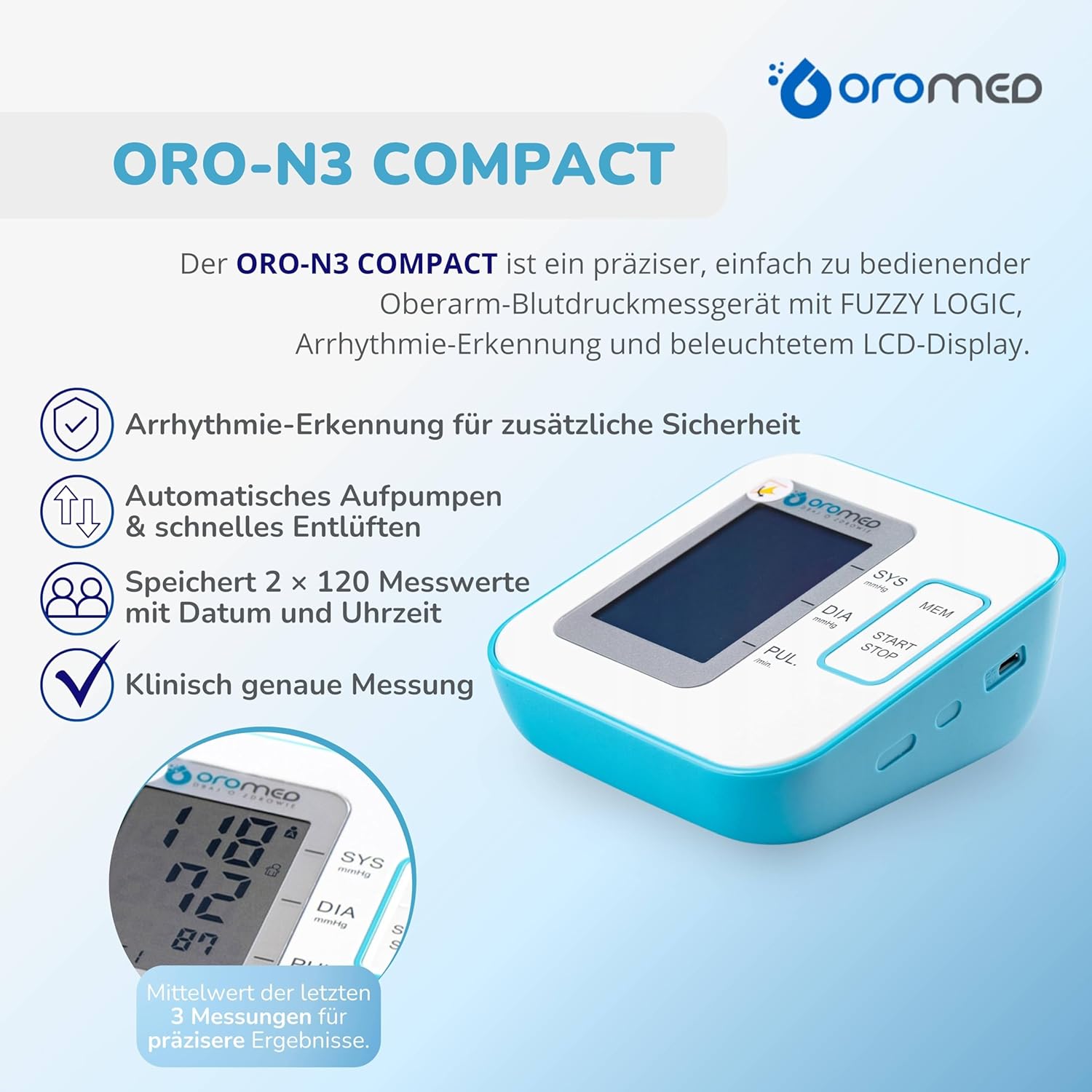 OROMED ORO-N3 Kompaktes USB-Blutdruckmessgerät für den Oberarm, elektronisch mit FUZZY-Logik, Arrhythmie-Erkennung, LCD-Display, 2 x 120 Speicher, automatische Abschaltung, inklusive Netzteil – Bild 2