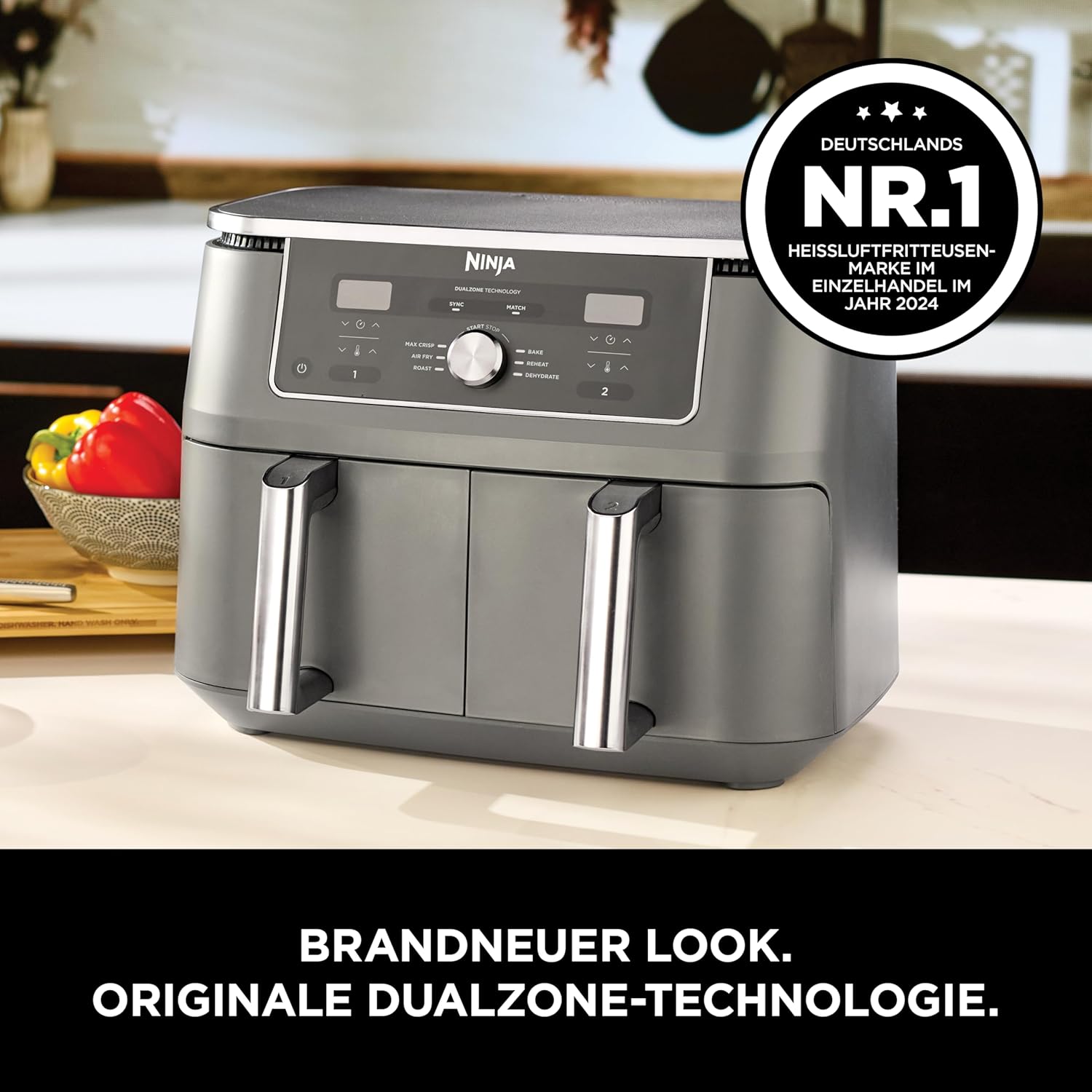 Digitale Dual-Zonen-Luftfritteuse von Ninja, 2 Schubladen, 6-in-1, Heißluftfritteuse, 9,5 l, Heißluftfritteuse, maximale Knusprigkeit, Braten, Backen, Aufwärmen, spülmaschinenfeste Körbe, Metallic-Grau DZ400EU – Bild 2