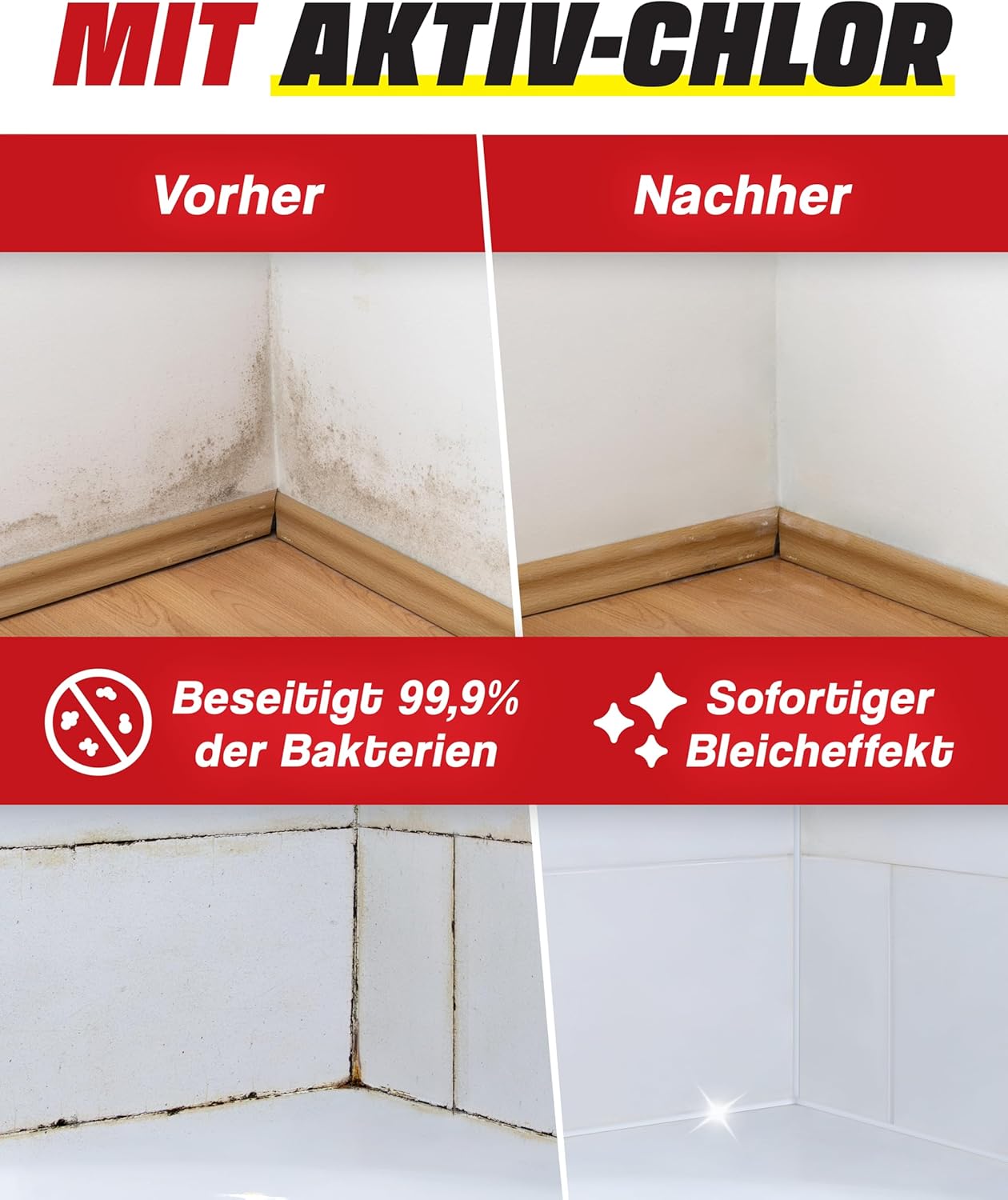 VEXIL Profi-Schimmelentferner für Wand, Bad, Fliesen, Fugen & mehr – mit Aktivchlor und Haftwirkung – Extra starkes Schimmelspray – auch als Fugenreiniger geeignet – 500 ml – Hergestellt in Deutschland – Bild 3