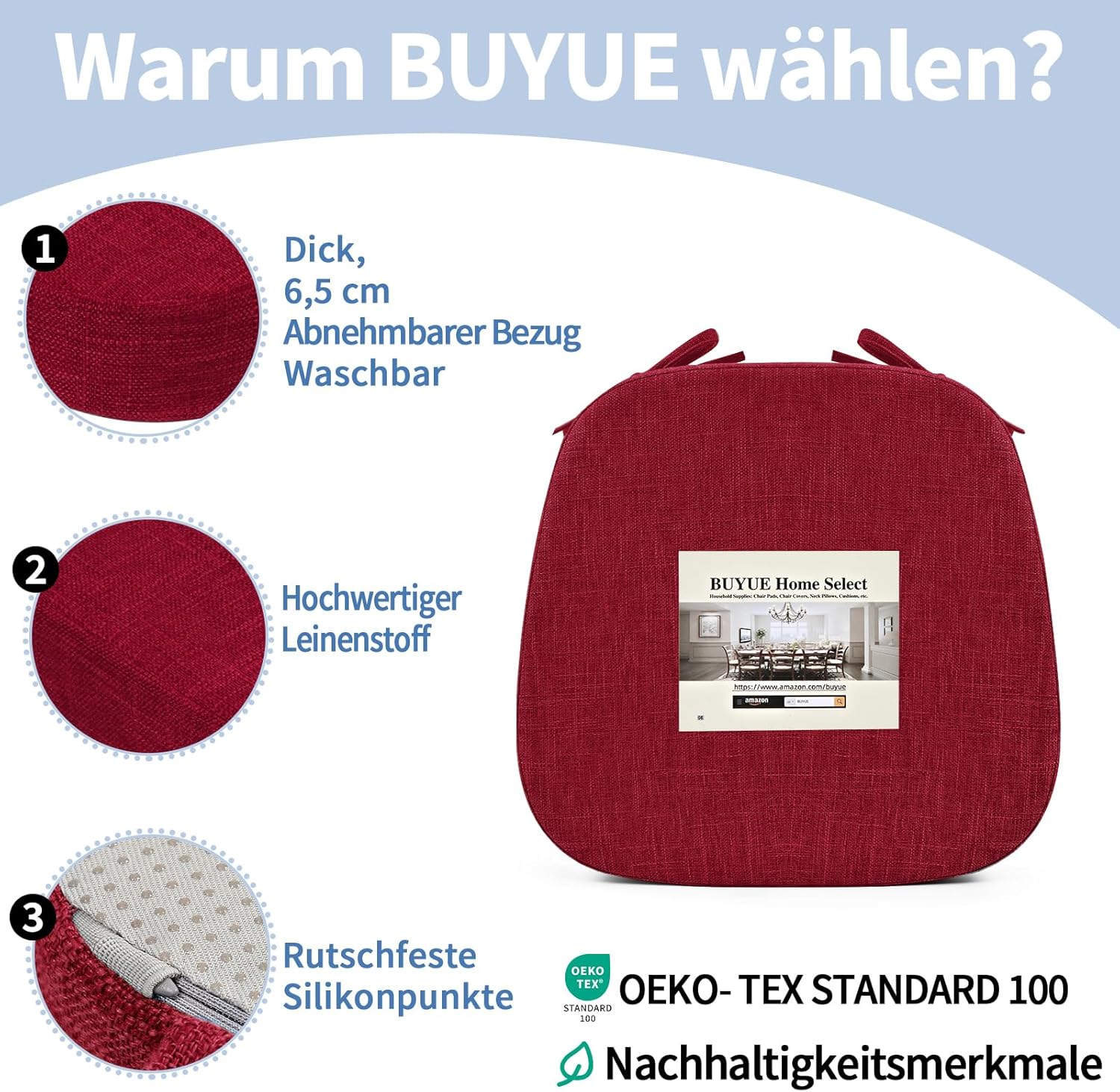 BUYUE Stuhlkissen 6,5 cm dick, U-förmiges Sitzkissen 40 x 40 cm mit hochdichtem Schaumstoff, Stoffbezug, rutschfeste Sitzunterlage für Küche und Esszimmer (1 Stück, rot) – Bild 6