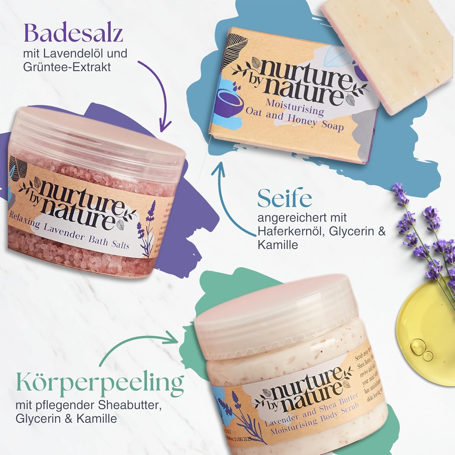 Nurture by Nature Relax & Calm Verwöhnendes Spa-Geschenkset, Badeset, Lavendel, Badesalz, Aromatherapie, Seife, Badebomben, Kerze und mehr, Geschenk für Frauen, Sie – Bild 6