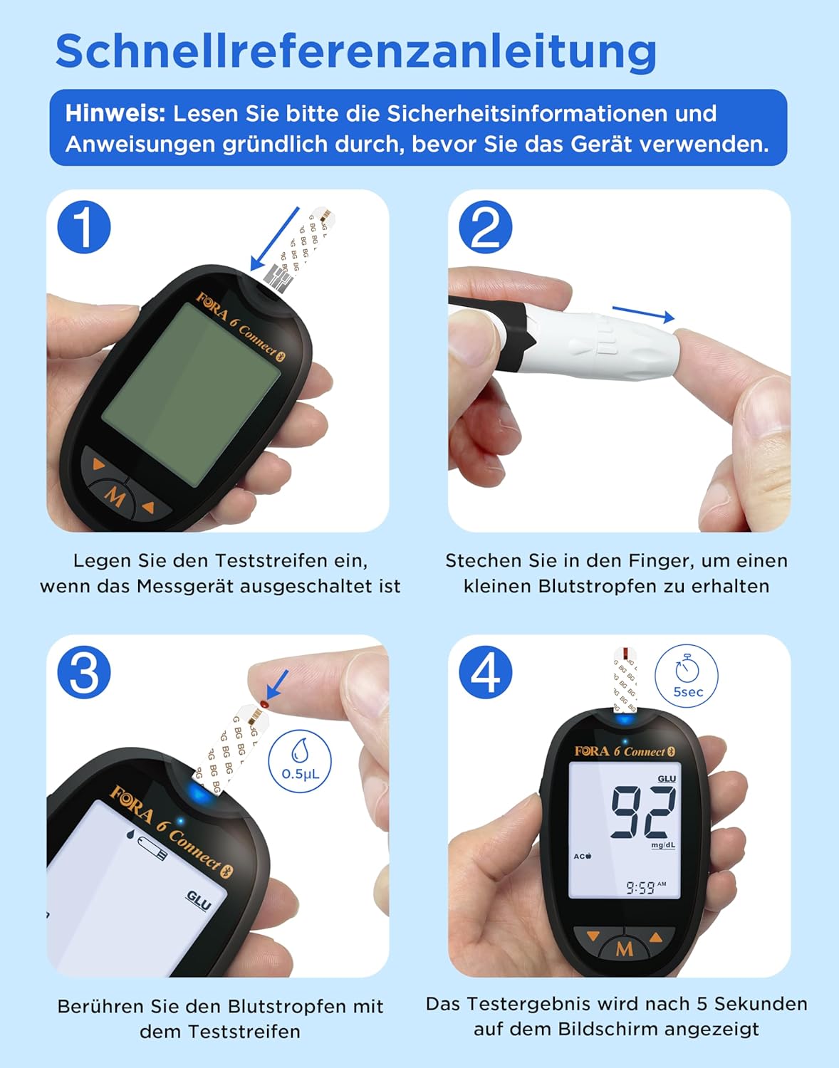 FORA 6 Connect Bluetooth-Blutzuckermessgerät mit Blutzucker-Teststreifen (50 Stück) – Bild 5