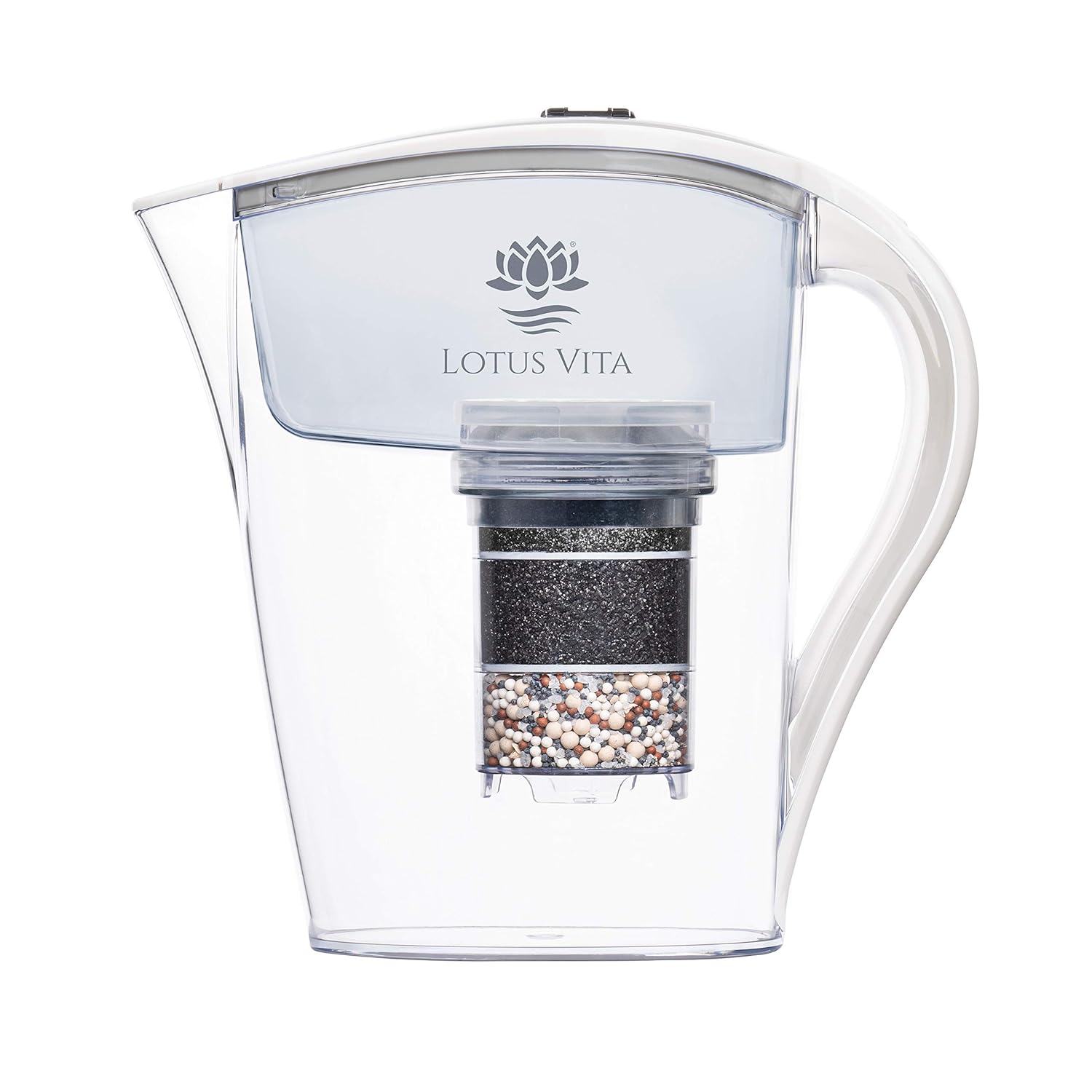 Lotus Vita FAMILY White Wasserfilterkanne mit Kartusche, reduziert Kalkablagerungen, Chlorblei aus Leitungswasser mit Aktivkohle-Ionenaustauscher, BPA-frei