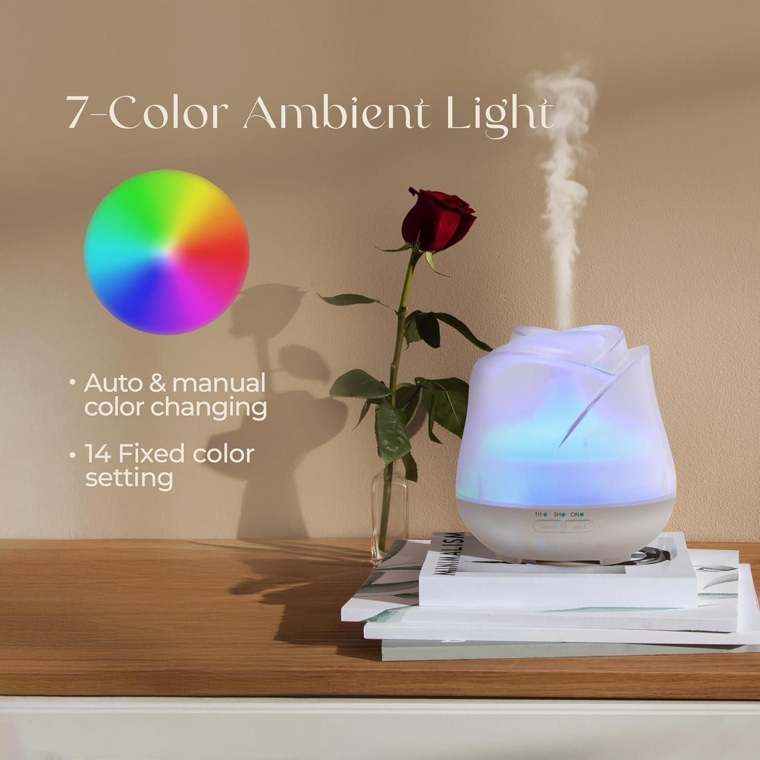 Earnest Living Rose Aromadiffusor 150 ml – Mini-Ultraschall-Duftdiffusor für ätherische Öle, leiser USB-Luftbefeuchter mit 7 LED-Farben, automatische Abschaltung und BPA-frei – für Schlaf und Entspannung – mattweiß – Bild 5