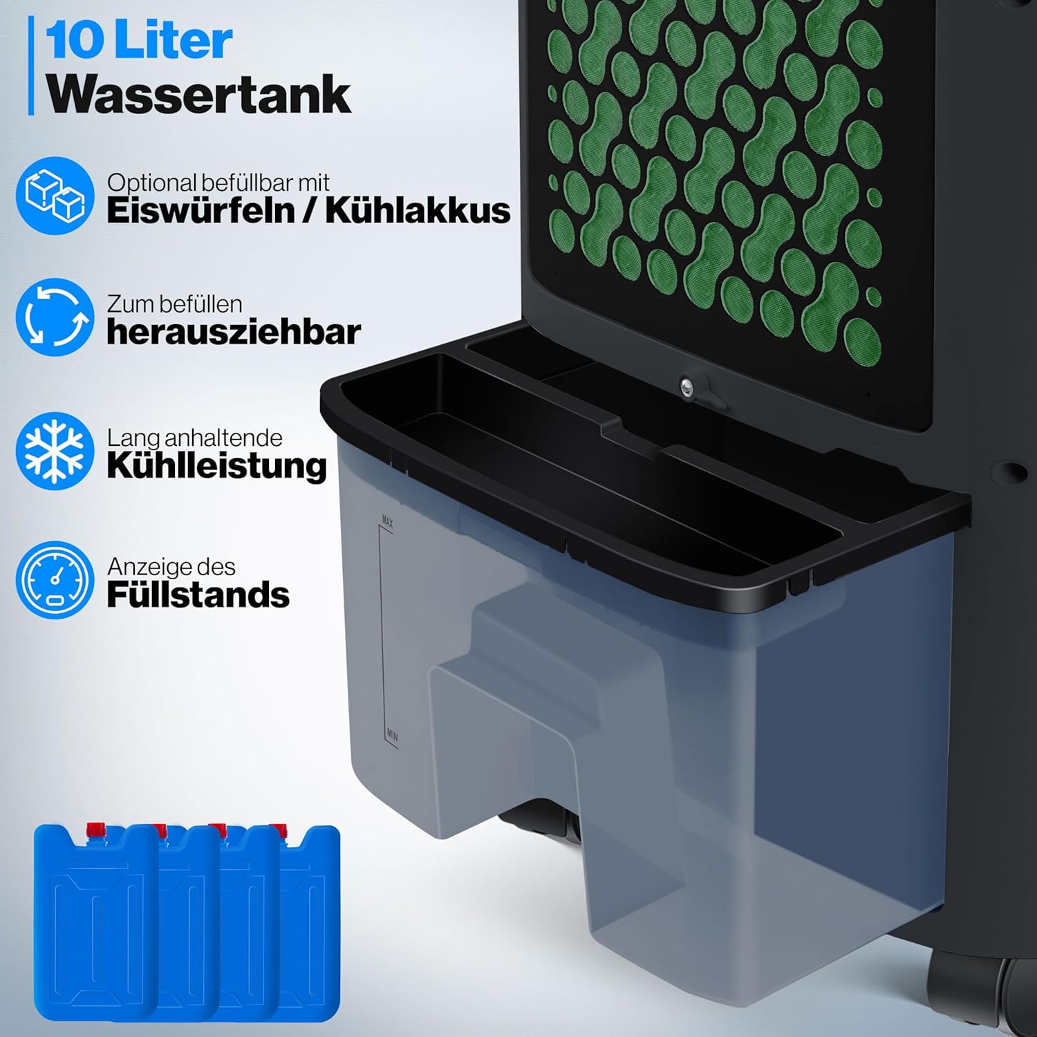 KESSER® Mobile Klimaanlage 4in1 Luftkühler – Air Cooler mit Fernbedienung & Timer, 10L Wassertank, Ionisator & Luftbefeuchter, Ventilator Klimagerät ohne Abluftschlauch, 3 Stufen inkl. Kühlakkus – Bild 8