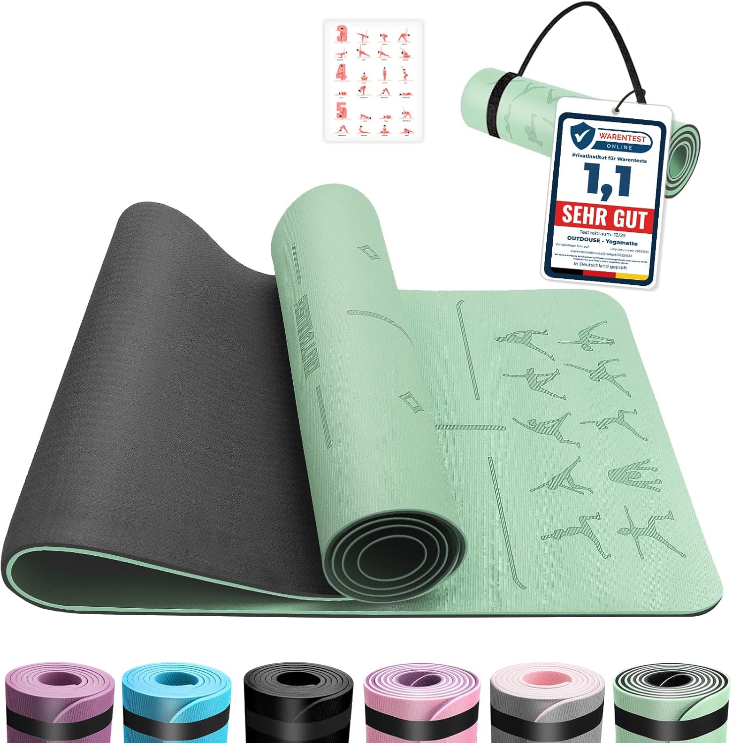 Yogamatte, TPE 6 mm dick, hautfreundliche Yogamatte, rutschfeste Gymnastikmatte, Pilates, Gymnastik, Meditation, Stretching, mit Tragegurt & Tasche, Heim-Workout-Sportmatte, 183 x 61 cm