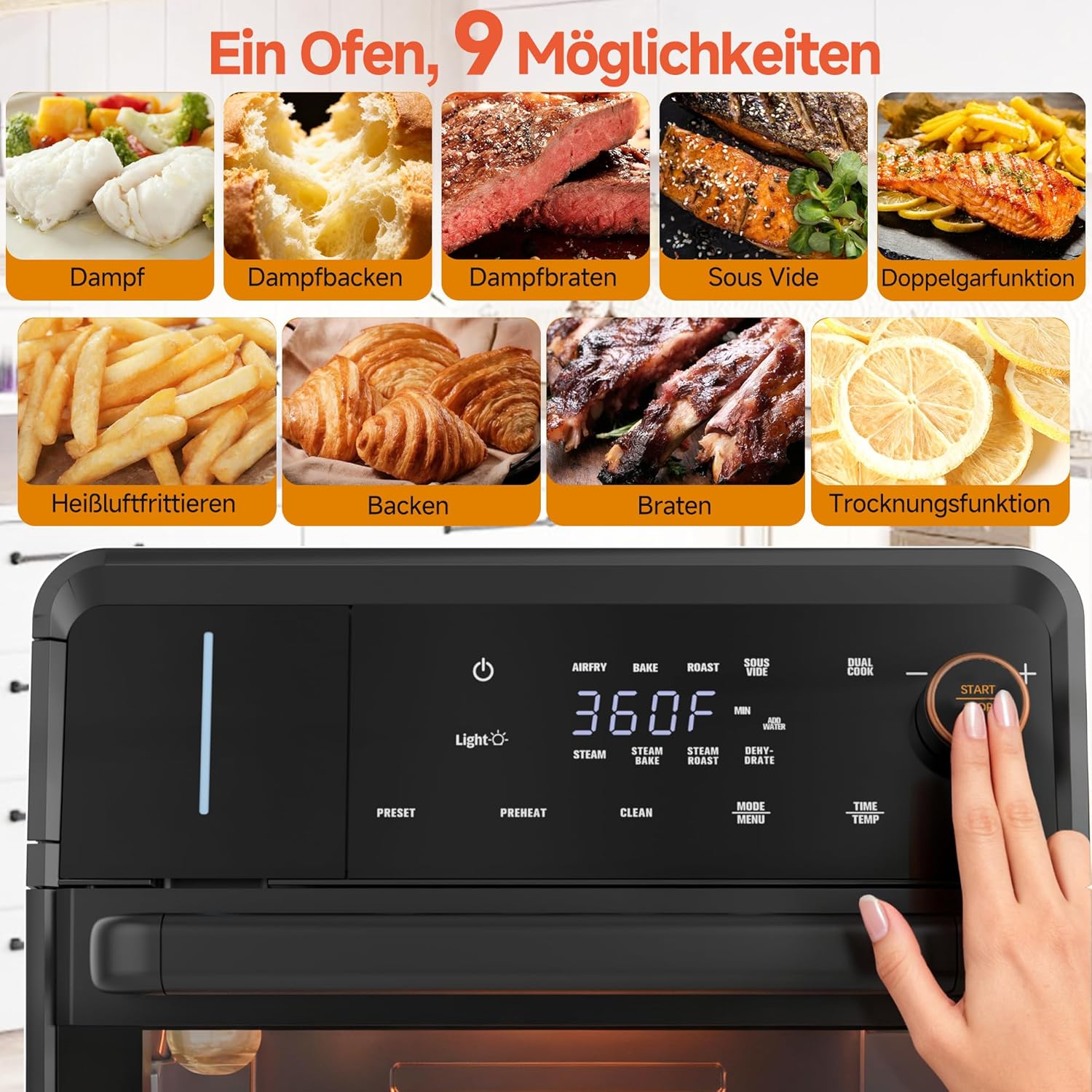 OUNIN Dampfbackofen 18 L, 11-in-1-Ofen mit Dampffunktion, Dual-Cook, Backen, Braten, Trocknen und Selbstreinigung, 360° gleichmäßige Wärmeverteilung, Edelstahl-Innenraum, platzsparend – Bild 3