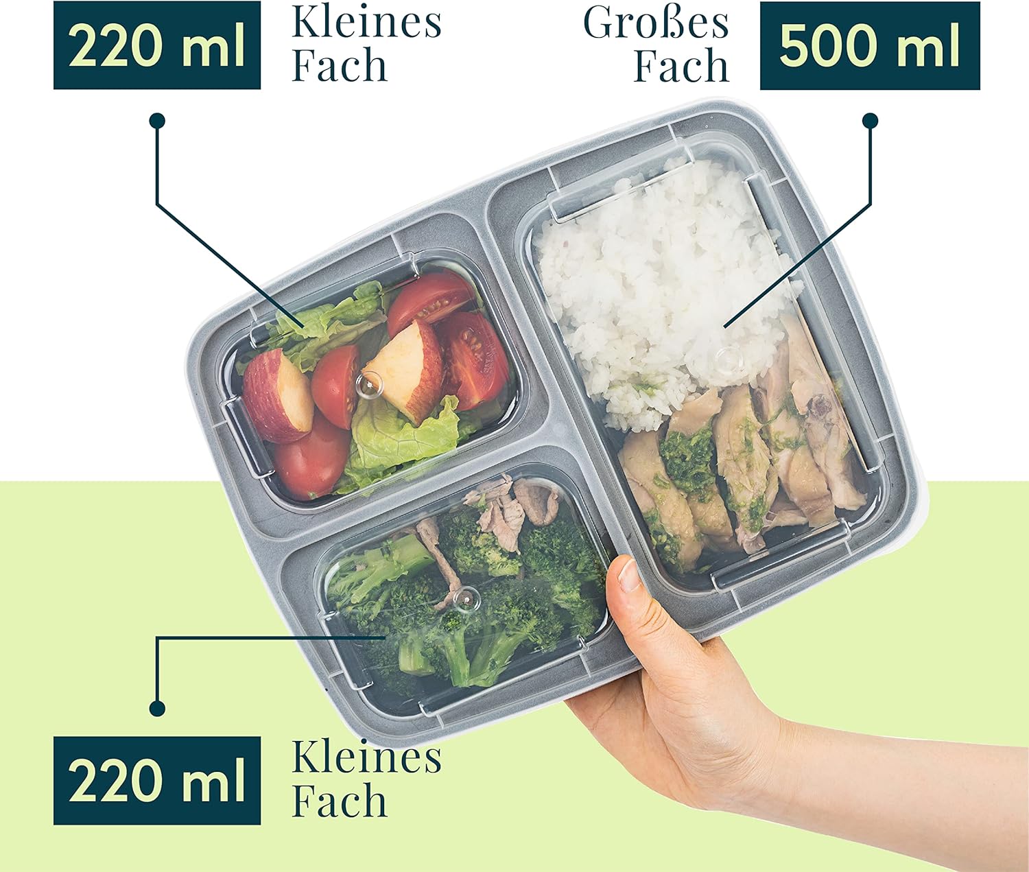 Meal-Prep-Boxen mit 3 Fächern im praktischen 10er-Pack – mikrowellen- und spülmaschinenfest, wiederverwendbar, luftdicht verschlossen, BPA-frei, Lunchbox, Gefrierbehälter, Tupperware-Set, Mikrowellengeschirr – Bild 3