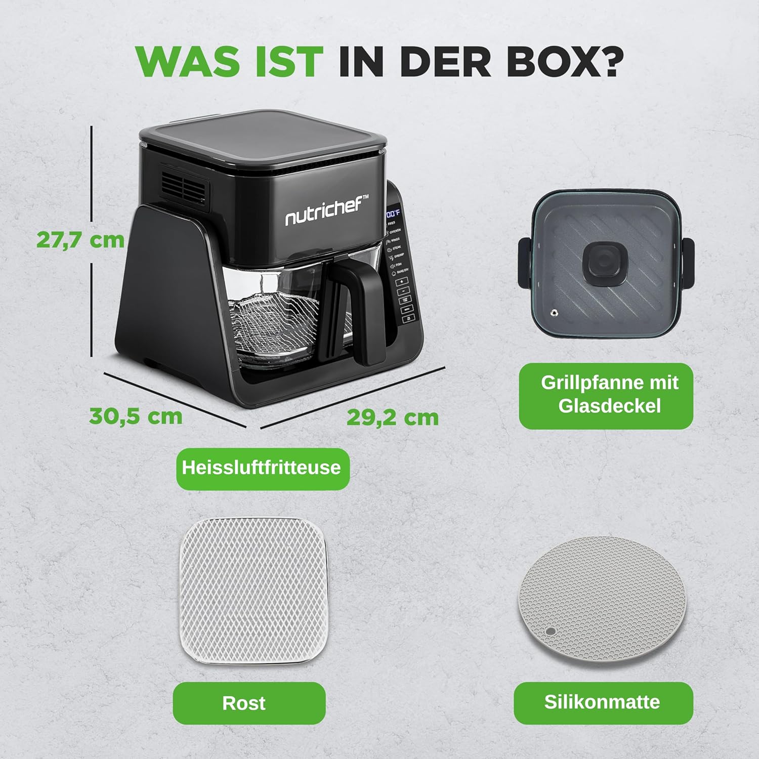 NutriChef Heißluftfritteuse 4L mit Grillfunktion 1500W Schwarz – Airfryer ohne Öl mit Sichtfenster, 7 Programmen, Glasbehälter für Familien & vielseitiges Kochen – Bild 7