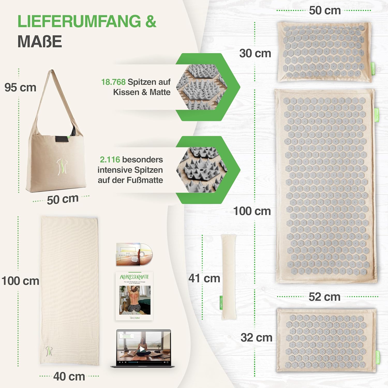 BACKLAXX Akupressurmatten-Set mit Kissen, Tuch & Tasche, XL-Akupressurmatte, 120 % mehr Fläche, Akupunkturmatte mit Spikes zur Massage, Akupressurmatte für Nacken und Schulter, Massagematte Rücken – Bild 5