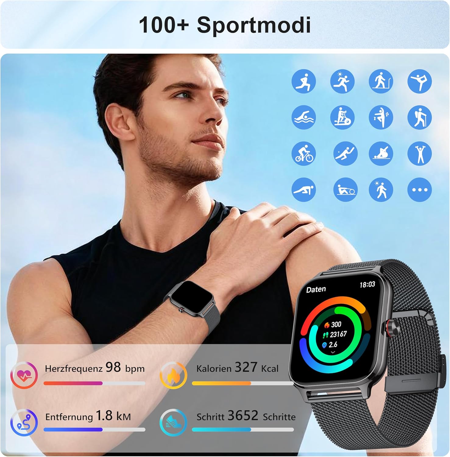 LODIMEKE Smartwatch Herren Damen Telefonfunktion Blutdruck Herzfrequenz Schlaf 1,96 Zoll AI Fitnessuhr 100+ Sportmodi, IP67 Wasserdicht Schrittzähler Wecker Rechner Visitenkarte iOS Android – Bild 4