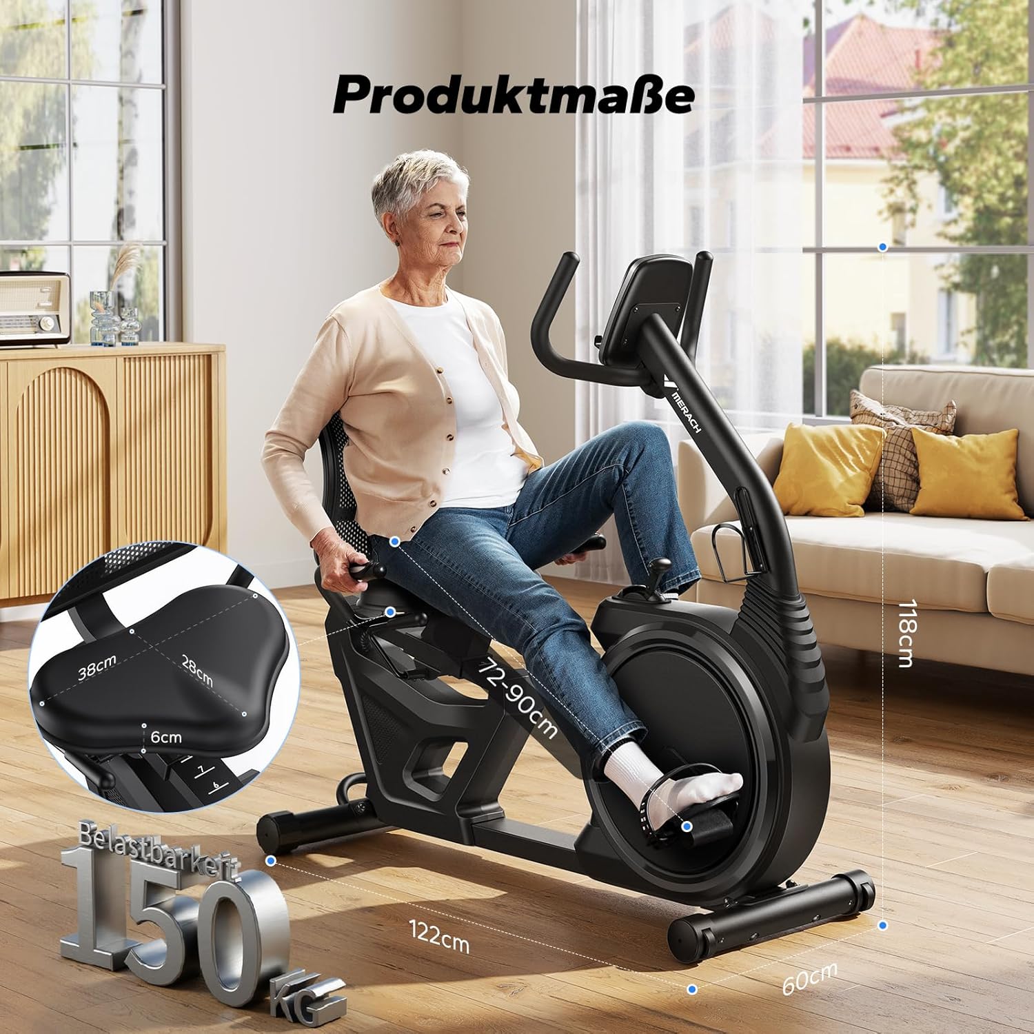 MERACH Liege-Heimtrainer für zu Hause mit 8 einstellbaren Widerstandsstufen, leichter kommerzieller Heimtrainer mit Smart Bluetooth, exklusiver App-Konnektivität, LCD-Display, Herzfrequenzsensoren – Bild 7