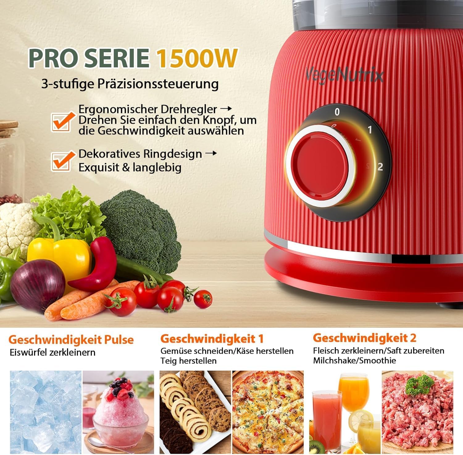 1500 W Küchenmaschine und Mixer-Kombination, 2,5 l Zerkleinerer für Fleisch, Gemüse und Teig, 2 l Standmixer mit Glasbehälter, 2 Geschwindigkeitsstufen und Pulse-Funktion für Smoothies, Saft usw. – Bild 3