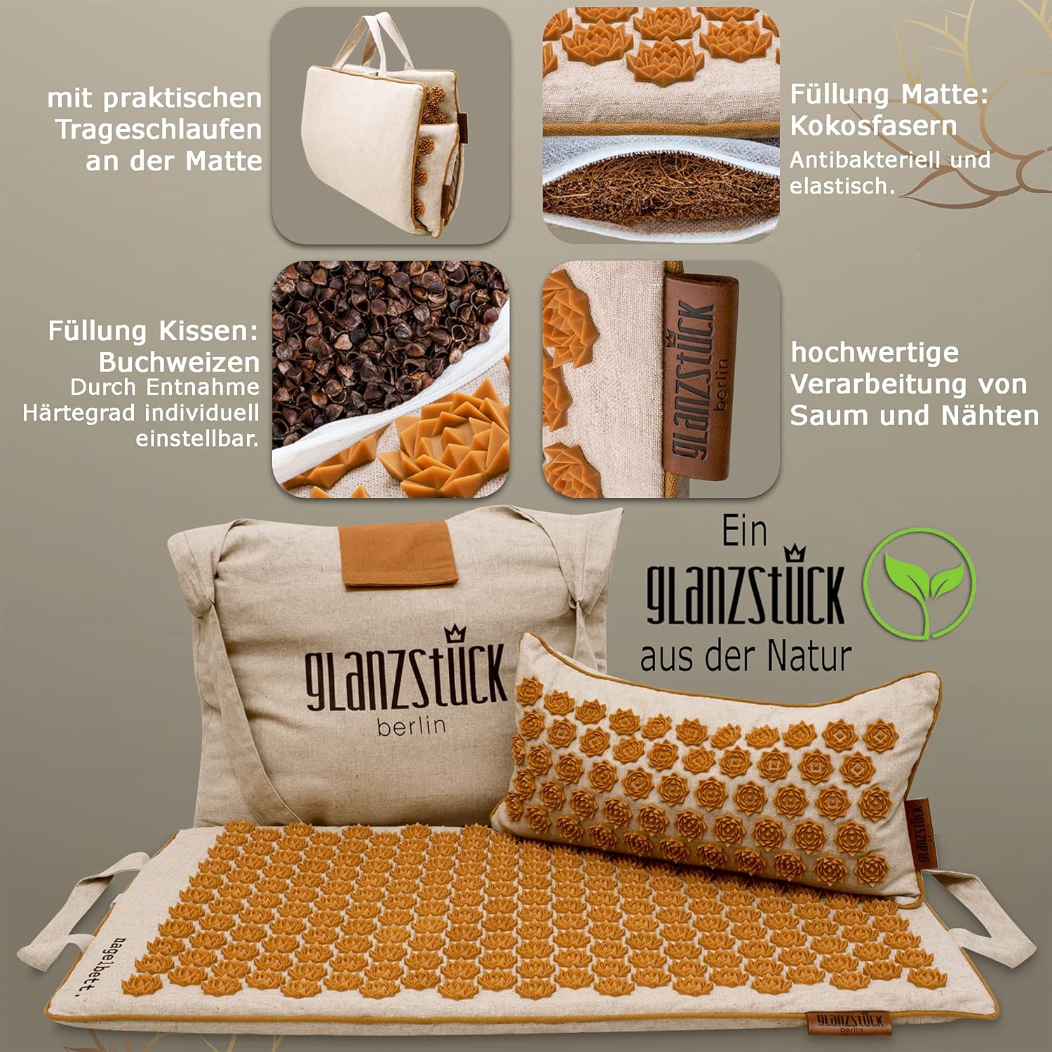 Glanzstück Berlin Health Collection: XL Akupressurmatten-Set Original aus Leinen, hilft bei Verspannungen, Rückenschmerzen, Massagematte mit Kissen (Wärmefunktion) und Tasche, nachhaltig – Bild 6